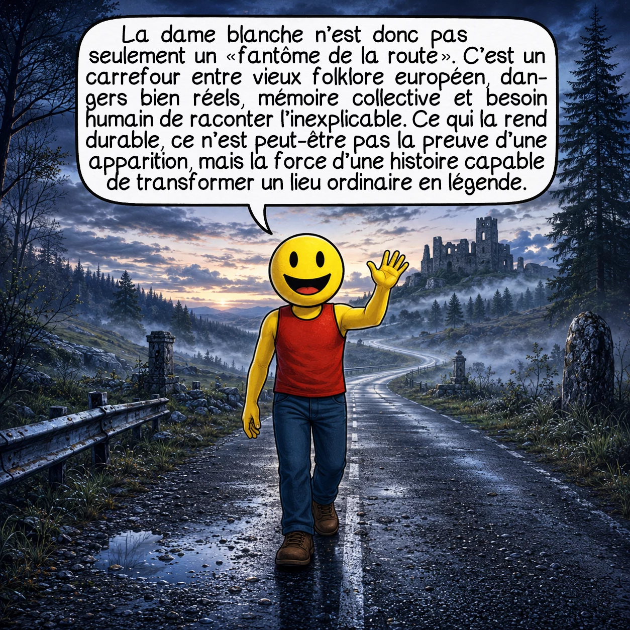 La dame blanche, case 10 : La dame blanche n’est donc pas seulement un « fantôme de route ». C’est un carrefour entre vieux folklore européen, dangers bien réels, mémoire collective et besoin humain de raconter l’inexplicable. Ce qui la rend durable, ce n’est peut-être pas la preuve d’une apparition, mais la force d’une histoire capable de transformer un lieu ordinaire en légende.