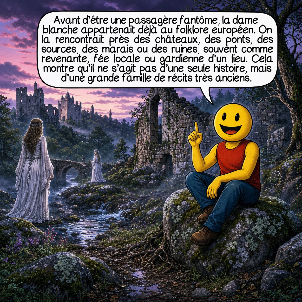 La dame blanche, case 2 : Avant d’être une passagère fantôme, la dame blanche appartenait déjà au folklore européen. On la rencontrait près des châteaux, des ponts, des sources, des marais ou des ruines, souvent comme revenante, fée locale ou gardienne d’un lieu. Cela montre qu’il ne s’agit pas d’une seule histoire, mais d’une grande famille de récits très anciens.