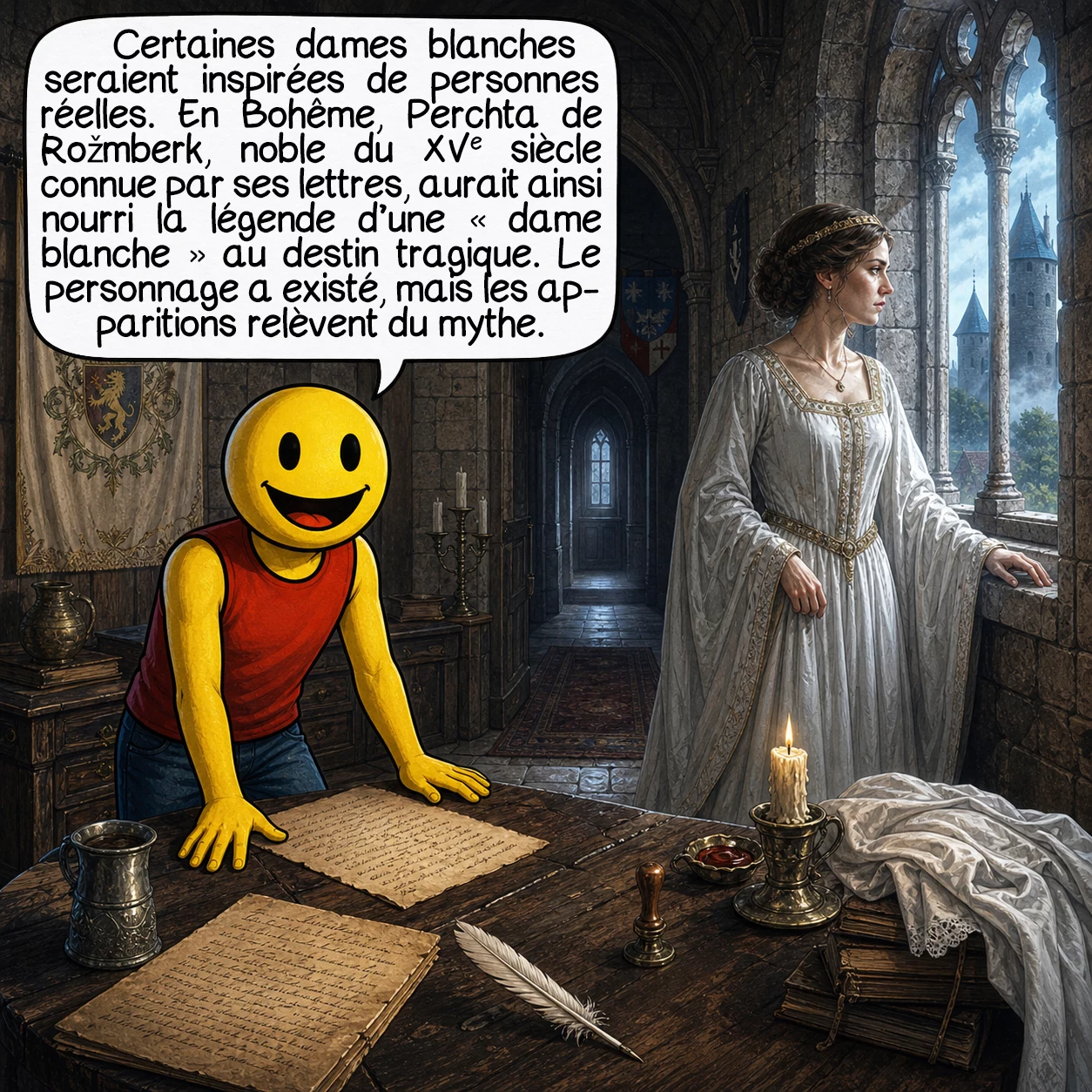 La dame blanche, case 3 : Certaines dames blanches ont été rattachées à de vraies personnes. En Bohême, par exemple, la figure de Perchta de Rožmberk, une noble du XVe siècle connue par ses lettres, a nourri une tradition de « dame blanche » liée à un destin malheureux. Là, le personnage historique existe bien ; ce sont ensuite les apparitions qui relèvent de la légende.