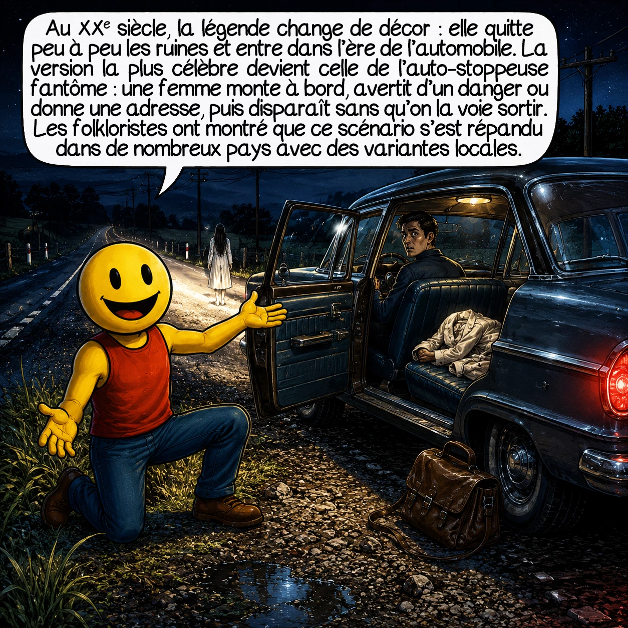 La dame blanche, case 4 : Au XXe siècle, la légende change de décor : elle quitte peu à peu les ruines et entre dans l’ère de l’automobile. La version la plus célèbre devient celle de l’auto-stoppeuse fantôme : une femme monte à bord, avertit d’un danger ou donne une adresse, puis disparaît sans qu’on la voie sortir. Les folkloristes ont montré que ce scénario s’est répandu dans de nombreux pays avec des variantes locales.