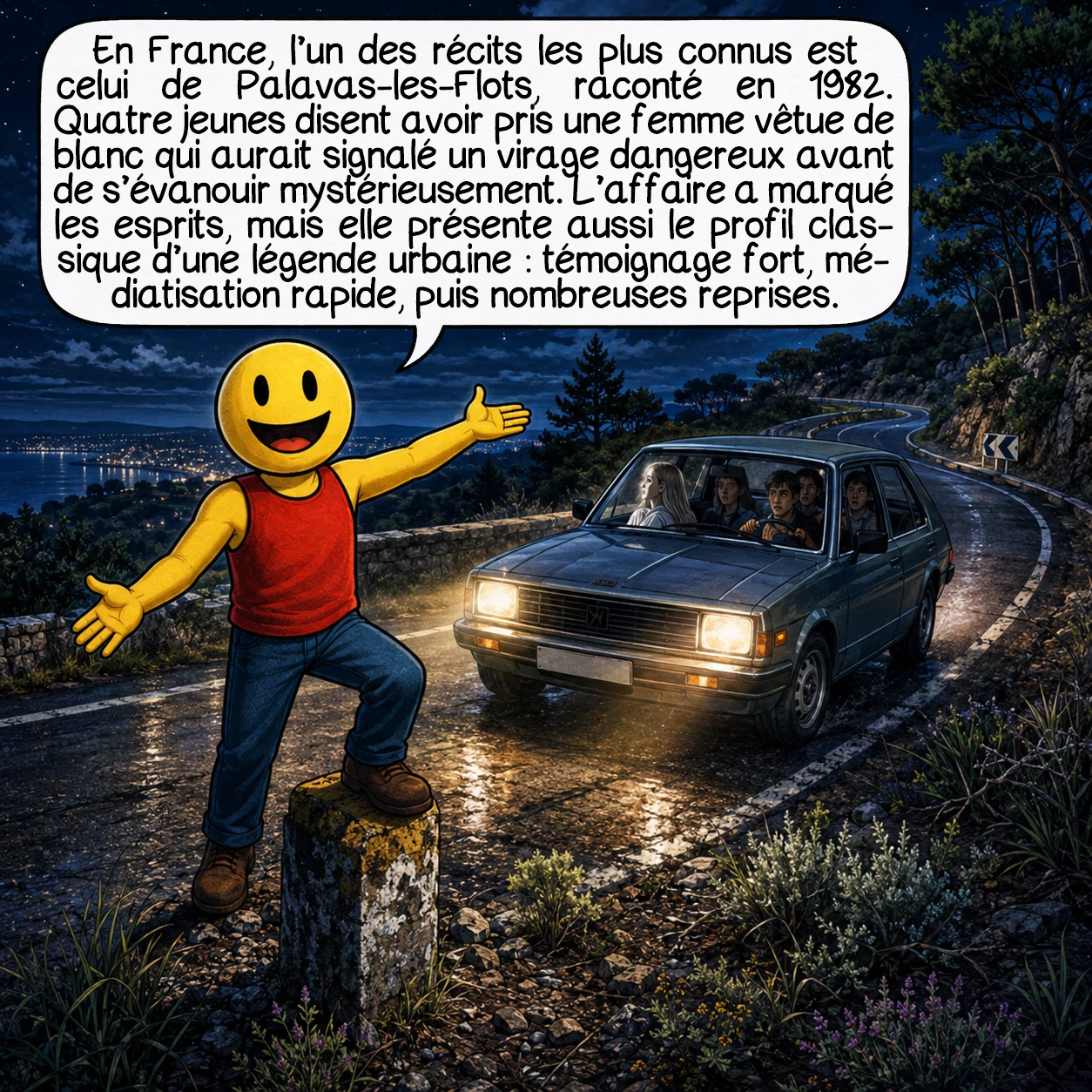 La dame blanche, case 5 : En France, l’un des récits les plus connus est celui de Palavas-les-Flots, raconté en 1982. Quatre jeunes disent avoir pris une femme vêtue de blanc qui aurait signalé un virage dangereux avant de s’évanouir mystérieusement. L’affaire a marqué les esprits, mais elle présente aussi le profil classique d’une légende urbaine : témoignage fort, médiatisation rapide, puis nombreuses reprises.