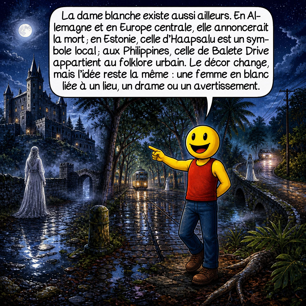 La dame blanche, case 6 : La dame blanche existe aussi sous d’autres formes ailleurs. En Allemagne et en Europe centrale, elle peut annoncer la mort dans les familles nobles ; en Estonie, la White Lady de Haapsalu est devenue un symbole local ; aux Philippines, la White Lady de Balete Drive appartient au folklore urbain moderne. Le décor change, mais l’idée reste proche : une figure féminine en blanc liée à un lieu, à un drame ou à un avertissement.