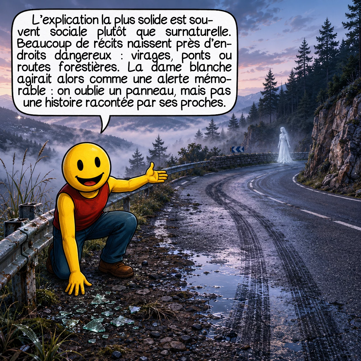 La dame blanche, case 7 : L’explication la plus solide est souvent sociale plutôt que surnaturelle. Beaucoup de récits apparaissent près d’endroits réputés dangereux : virages, ponts, cols, routes forestières. La dame blanche fonctionnerait alors comme une alerte mémorable : on oublie un panneau, mais on retient une histoire racontée par des proches.