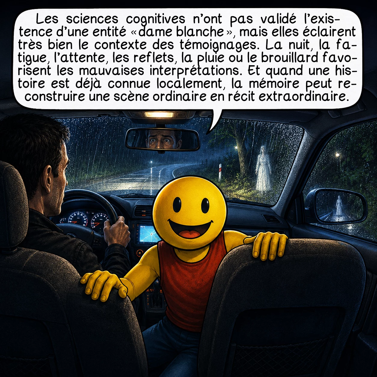 La dame blanche, case 8 : Les sciences cognitives n’ont pas validé l’existence d’une entité « dame blanche », mais elles éclairent très bien le contexte des témoignages. La nuit, la fatigue, l’attente, les reflets, la pluie ou le brouillard favorisent les mauvaises interprétations. Et quand une histoire est déjà connue localement, la mémoire peut reconstruire une scène ordinaire en récit extraordinaire.