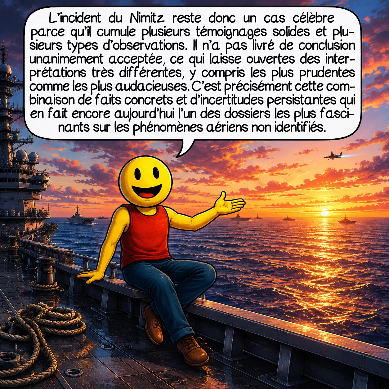 L’incident du Nimitz, case 10 : L’incident du Nimitz reste donc un cas célèbre parce qu’il cumule plusieurs témoignages solides et plusieurs types d’observations. Il n’a pas livré de conclusion unanimement acceptée, ce qui laisse ouvertes des interprétations très différentes, y compris les plus prudentes comme les plus audacieuses. C’est précisément cette combinaison de faits concrets et d’incertitudes persistantes qui en fait encore aujourd’hui l’un des dossiers les plus fascinants sur les phénomènes aériens non identifiés.