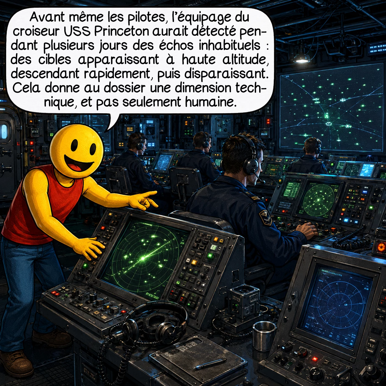 L’incident du Nimitz, case 2 : Avant même l’observation des pilotes, l’équipage du croiseur USS Princeton aurait détecté pendant plusieurs jours des objets ou échos inhabituels. Les récits parlent de cibles apparaissant à haute altitude, descendant rapidement, puis disparaissant ou changeant de place. Cela donne au dossier une dimension technique dès le départ, et pas seulement humaine.