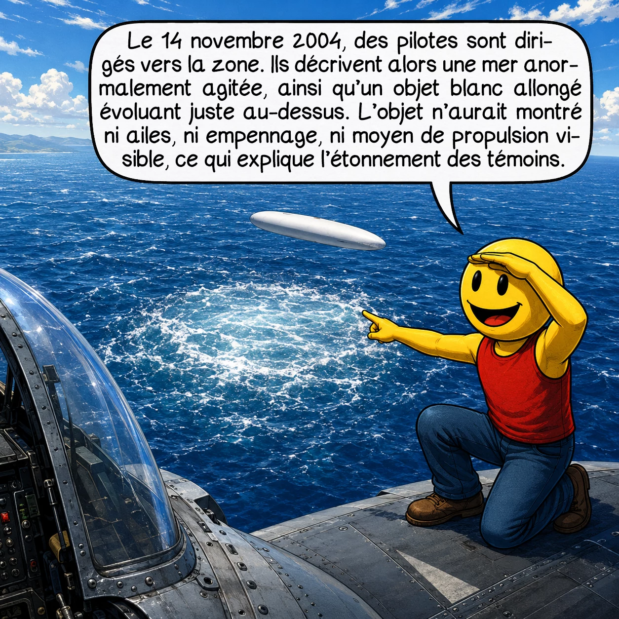 L’incident du Nimitz, case 3 : Le 14 novembre 2004, des pilotes sont dirigés vers la zone. Ils décrivent alors une mer anormalement agitée, ainsi qu’un objet blanc allongé évoluant juste au-dessus. L’objet n’aurait montré ni ailes, ni empennage, ni moyen de propulsion visible, ce qui explique l’étonnement des témoins.