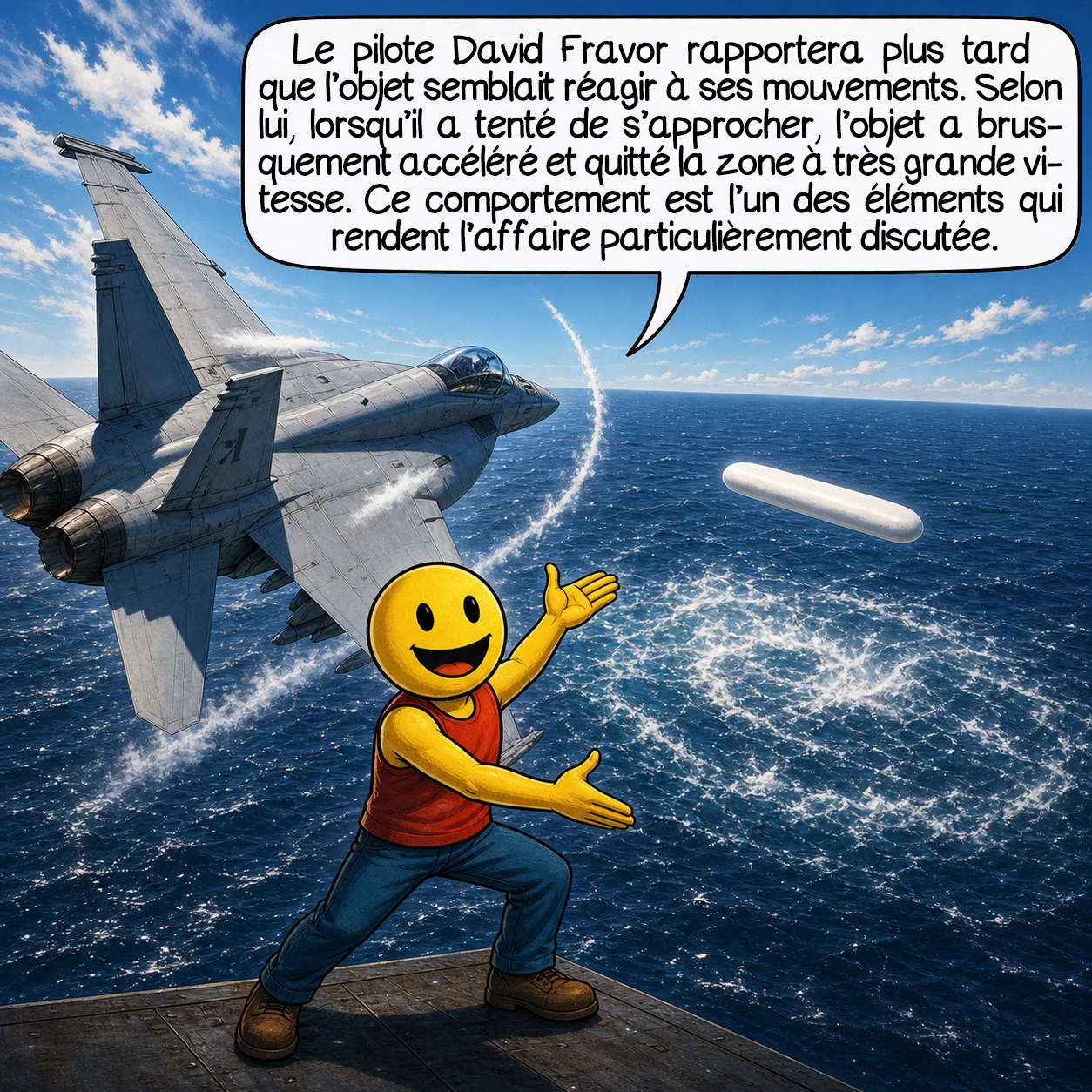 L’incident du Nimitz, case 4 : Le pilote David Fravor rapportera plus tard que l’objet semblait réagir à ses mouvements. Selon son récit, lorsqu’il a tenté de s’approcher davantage, l’objet a brusquement accéléré et a quitté la zone à très grande vitesse. Ce comportement perçu est l’un des éléments qui rendent l’affaire particulièrement discutée.