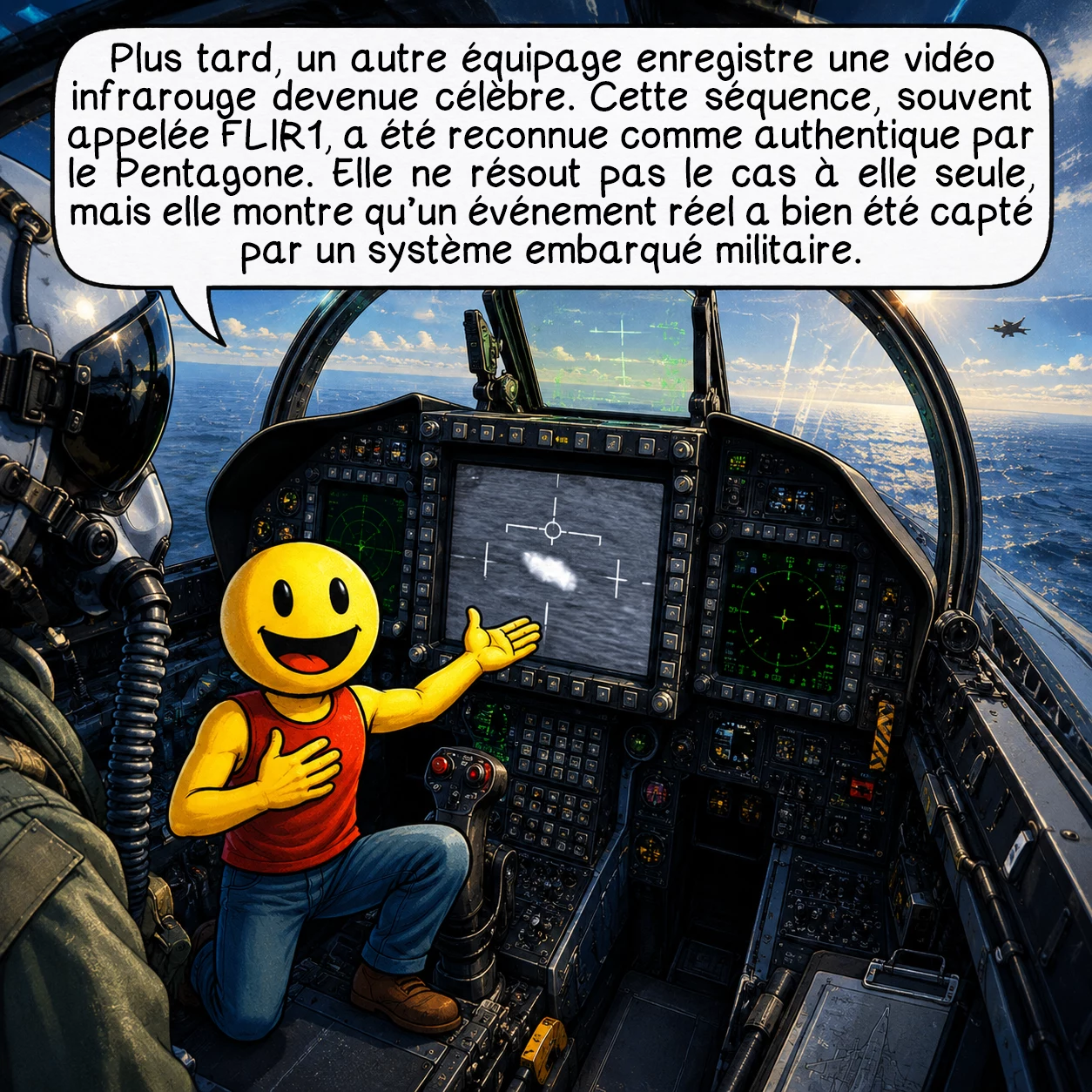 L’incident du Nimitz, case 5 : Plus tard, un autre équipage enregistre une vidéo infrarouge devenue célèbre. Cette séquence, souvent appelée FLIR1, a été reconnue comme authentique par le Pentagone. Elle ne résout pas le cas à elle seule, mais elle montre qu’un événement réel a bien été capté par un système embarqué militaire.