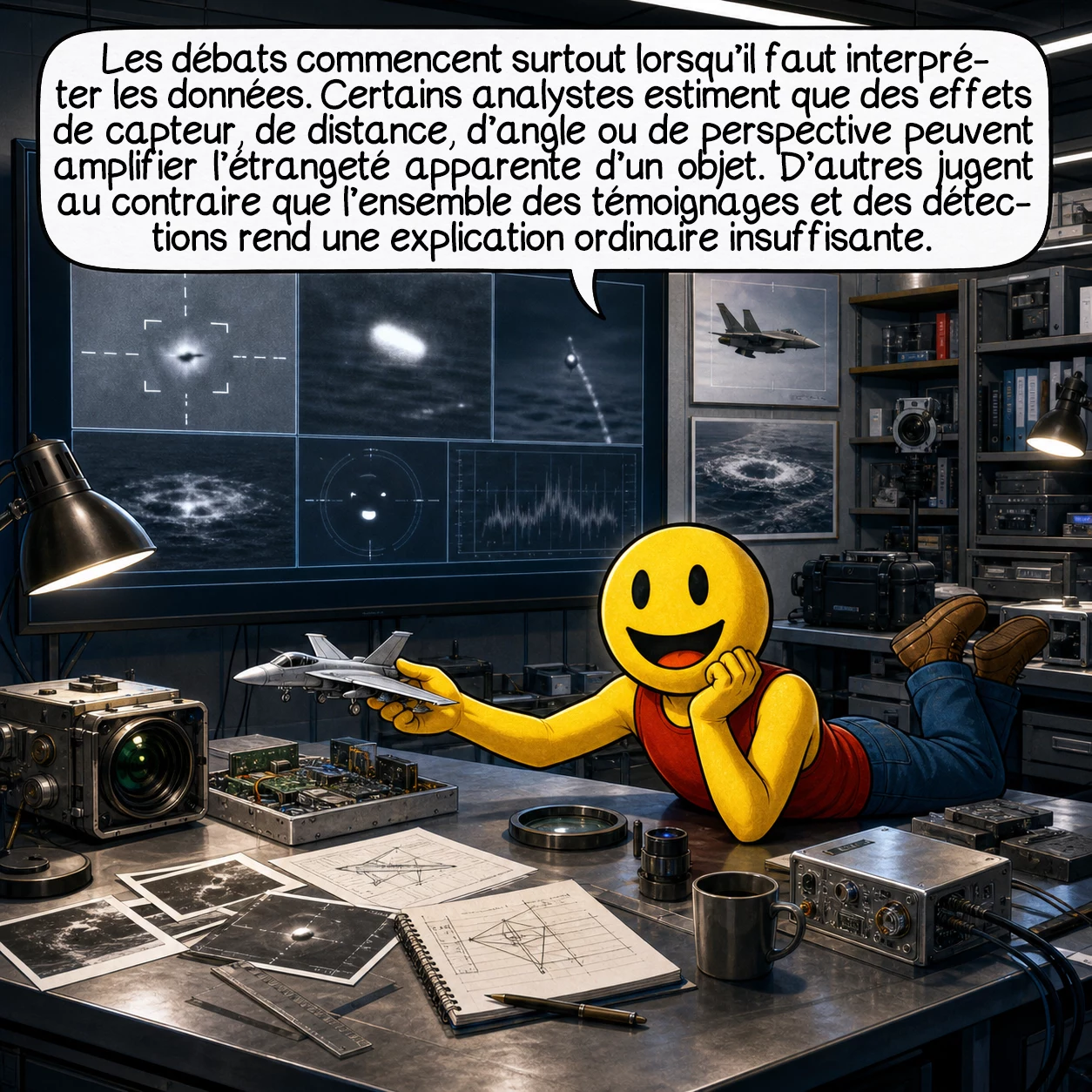 L’incident du Nimitz, case 7 : Les débats commencent surtout lorsqu’il faut interpréter les données. Certains analystes estiment que des effets de capteur, de distance, d’angle ou de perspective peuvent amplifier l’étrangeté apparente d’un objet. D’autres jugent au contraire que l’ensemble des témoignages et des détections rend une explication ordinaire insuffisante.