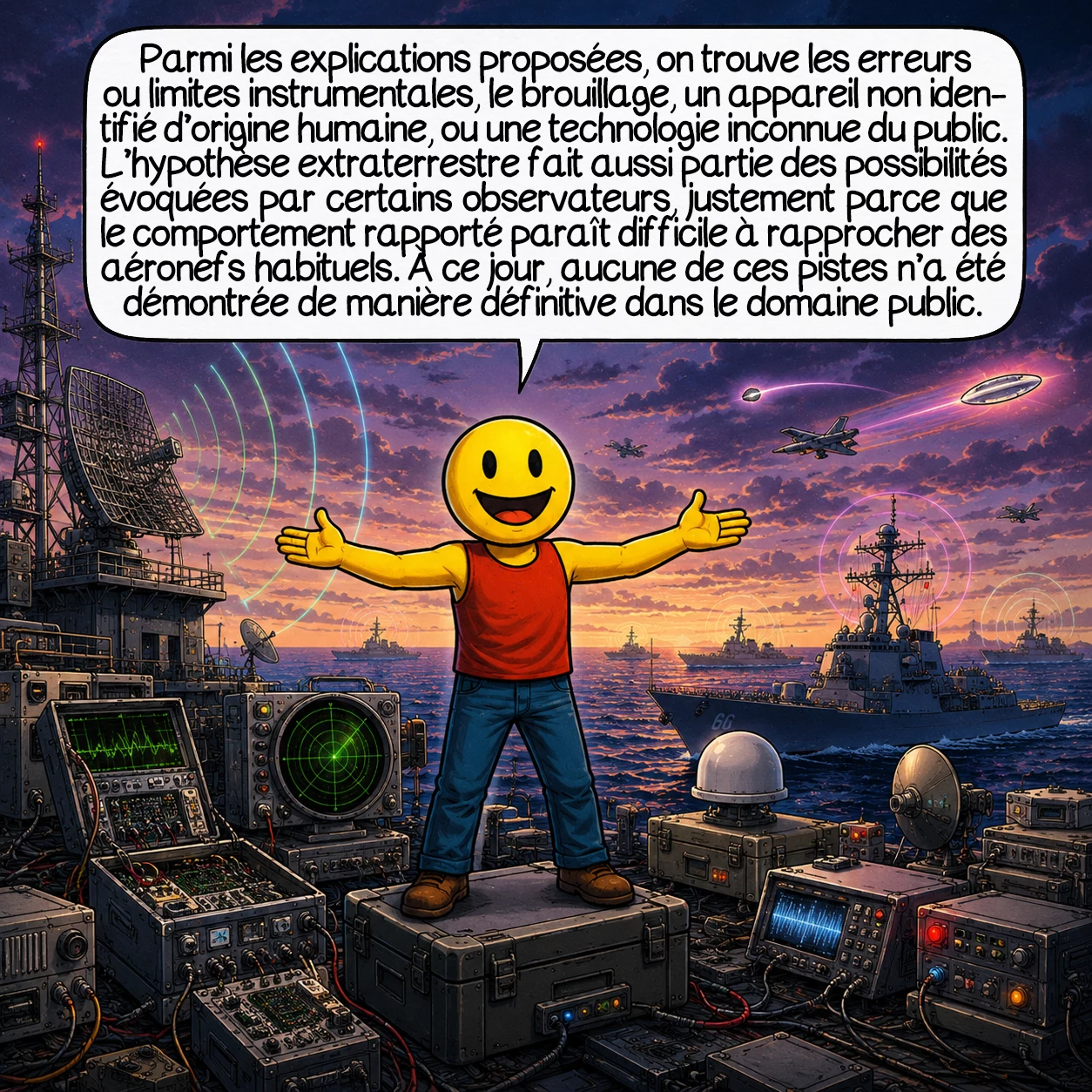 L’incident du Nimitz, case 8 : Parmi les explications proposées, on trouve les erreurs ou limites instrumentales, le brouillage, un appareil non identifié d’origine humaine, ou une technologie inconnue du public. L’hypothèse extraterrestre fait aussi partie des possibilités évoquées par certains observateurs, justement parce que le comportement rapporté paraît difficile à rapprocher des aéronefs habituels. À ce jour, aucune de ces pistes n’a été démontrée de manière définitive dans le domaine public.