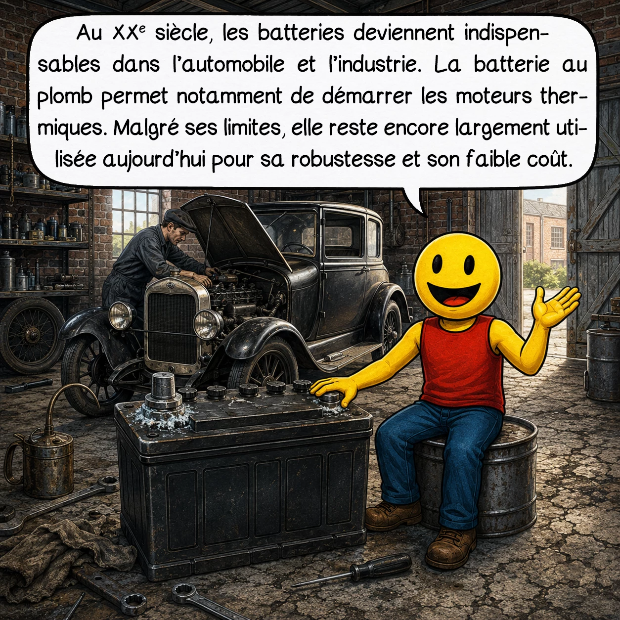 Les batteries, case 3 : Au XXe siècle, les batteries deviennent indispensables dans l’automobile et l’industrie. La batterie au plomb permet notamment de démarrer les moteurs thermiques. Malgré ses limites, elle reste encore largement utilisée aujourd’hui pour sa robustesse et son faible coût.