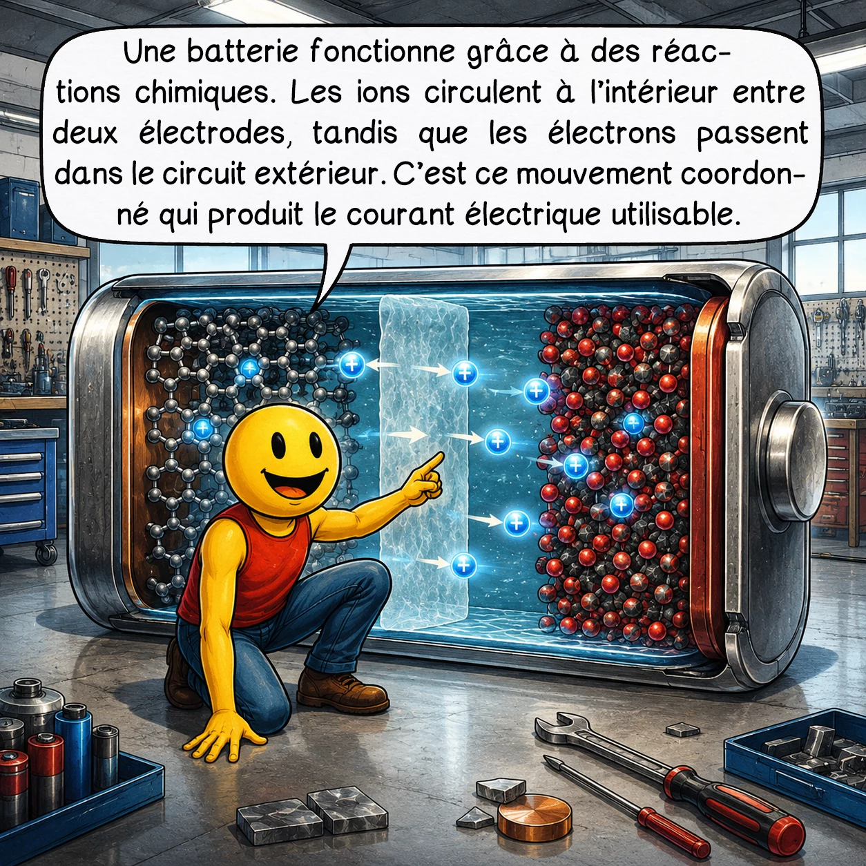 Les batteries, case 4 : Une batterie fonctionne grâce à des réactions chimiques. Les ions circulent à l’intérieur entre deux électrodes, tandis que les électrons passent dans le circuit extérieur. C’est ce mouvement coordonné qui produit le courant électrique utilisable.