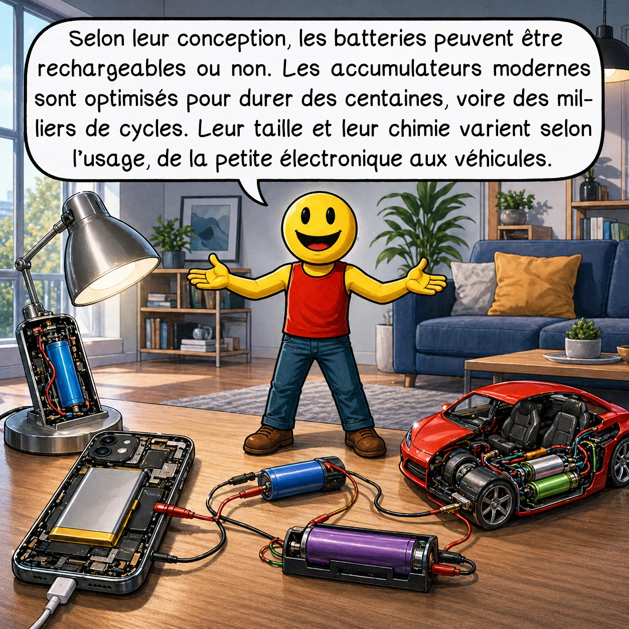 Les batteries, case 5 : Selon leur conception, les batteries peuvent être rechargeables ou non. Les accumulateurs modernes sont optimisés pour durer des centaines, voire des milliers de cycles. Leur taille et leur chimie varient selon l’usage, de la petite électronique aux véhicules.