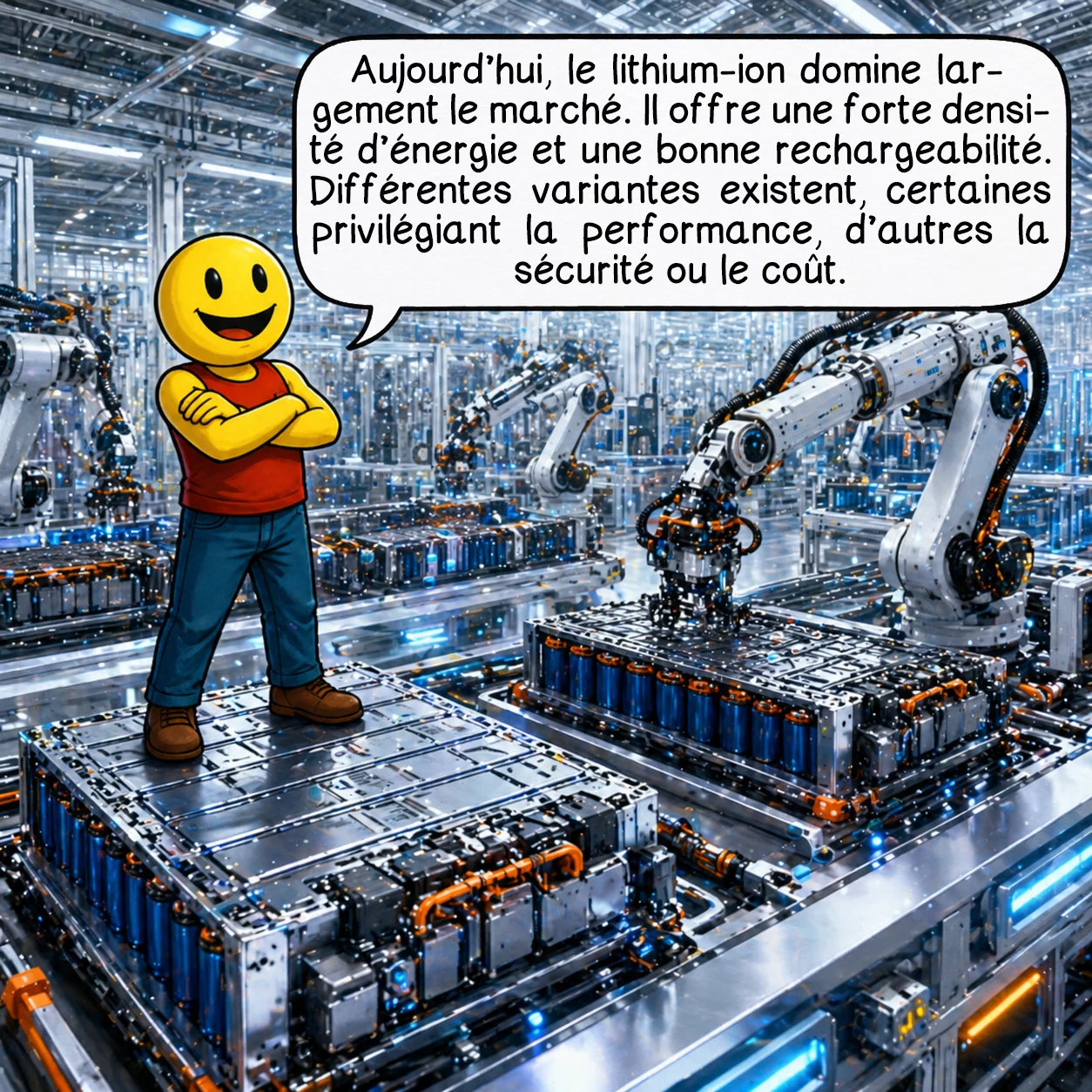 Les batteries, case 6 : Aujourd’hui, le lithium-ion domine largement le marché. Il offre une forte densité d’énergie et une bonne rechargeabilité. Différentes variantes existent, certaines privilégiant la performance, d’autres la sécurité ou le coût.