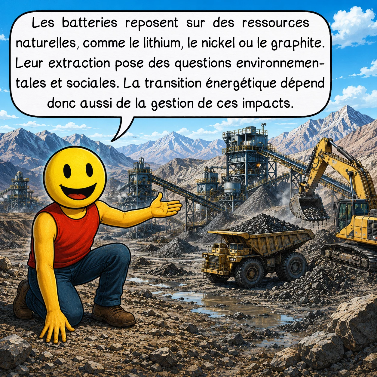 Les batteries, case 7 : Les batteries reposent sur des ressources naturelles, comme le lithium, le nickel ou le graphite. Leur extraction pose des questions environnementales et sociales. La transition énergétique dépend donc aussi de la gestion de ces impacts.