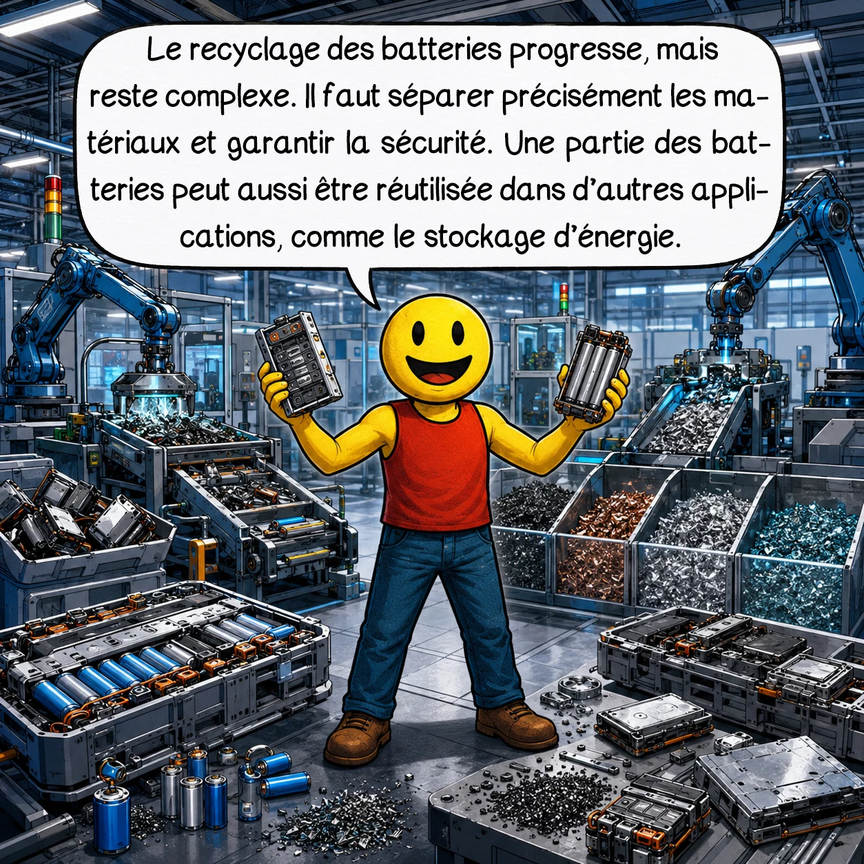 Les batteries, case 8 : Le recyclage des batteries progresse, mais reste complexe. Il faut séparer précisément les matériaux et garantir la sécurité. Une partie des batteries peut aussi être réutilisée dans d’autres applications, comme le stockage d’énergie.