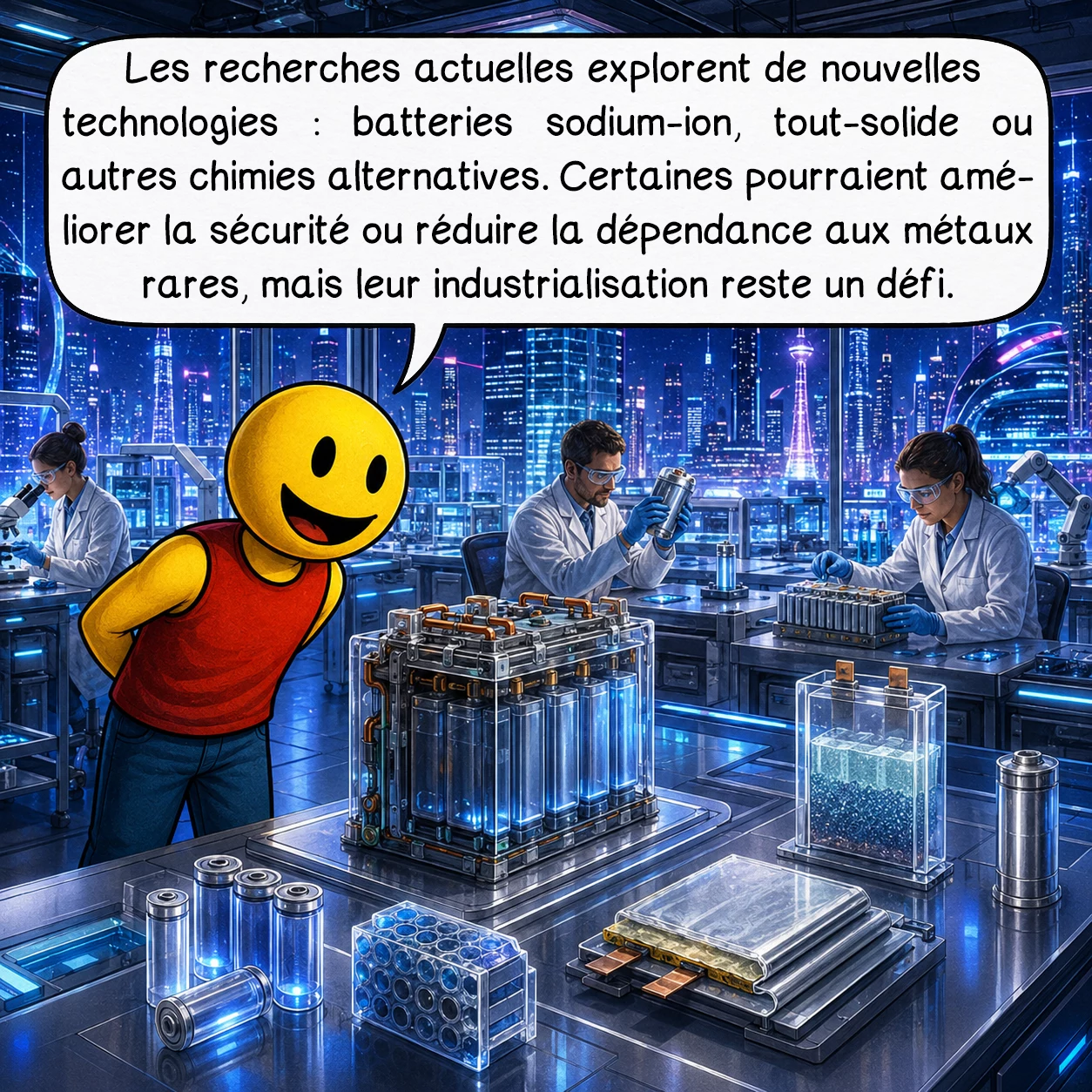 Les batteries, case 9 : Les recherches actuelles explorent de nouvelles technologies : batteries sodium-ion, tout-solide ou autres chimies alternatives. Certaines pourraient améliorer la sécurité ou réduire la dépendance aux métaux rares, mais leur industrialisation reste un défi.
