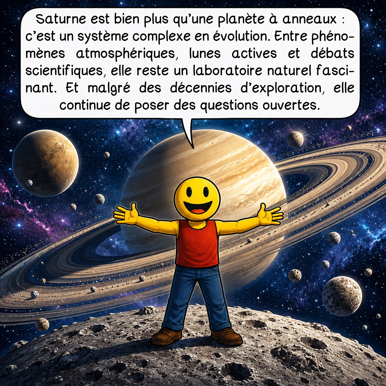 Saturne, case 10 : Saturne est bien plus qu’une planète à anneaux : c’est un système complexe en évolution. Entre phénomènes atmosphériques, lunes actives et débats scientifiques, elle reste un laboratoire naturel fascinant. Et malgré des décennies d’exploration, elle continue de poser des questions ouvertes.