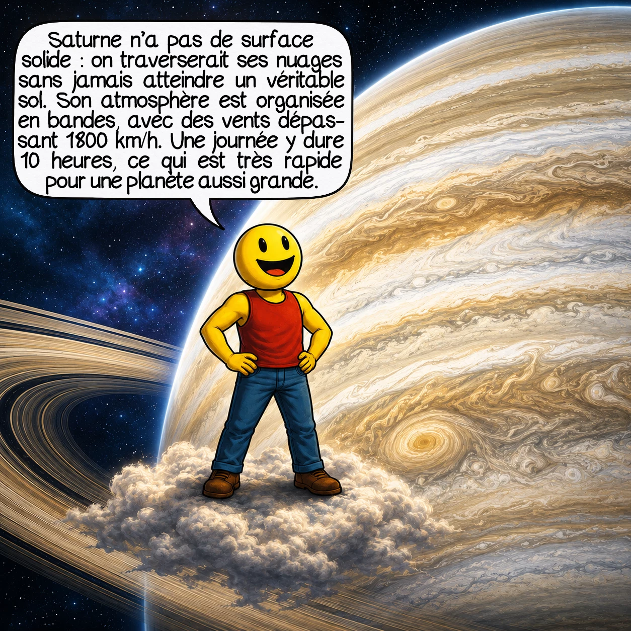 Saturne, case 2 : Saturne n’a pas de surface solide : on tomberait à travers ses nuages sans jamais atteindre un sol classique. Son atmosphère est organisée en bandes, avec des vents pouvant dépasser 1 800 km/h. Une journée y dure environ 10 heures, ce qui est très rapide pour une planète aussi grande.