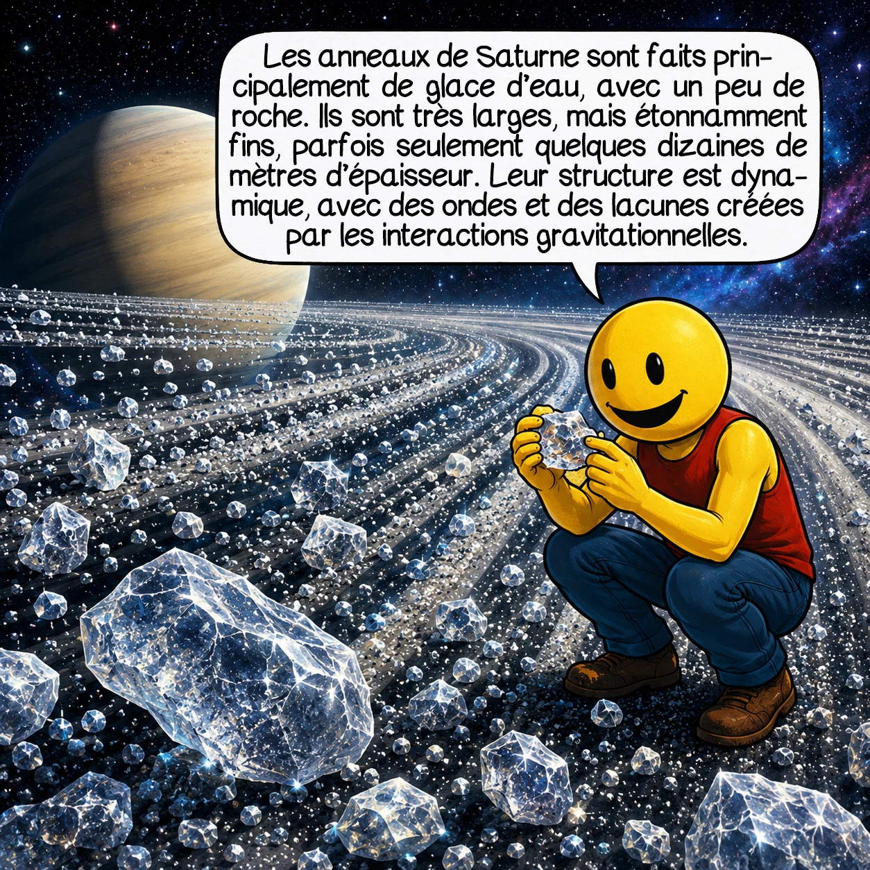 Saturne, case 3 : Les anneaux de Saturne sont faits principalement de glace d’eau, avec un peu de roche. Ils sont très larges, mais étonnamment fins, parfois seulement quelques dizaines de mètres d’épaisseur. Leur structure est dynamique, avec des ondes et des lacunes créées par les interactions gravitationnelles.