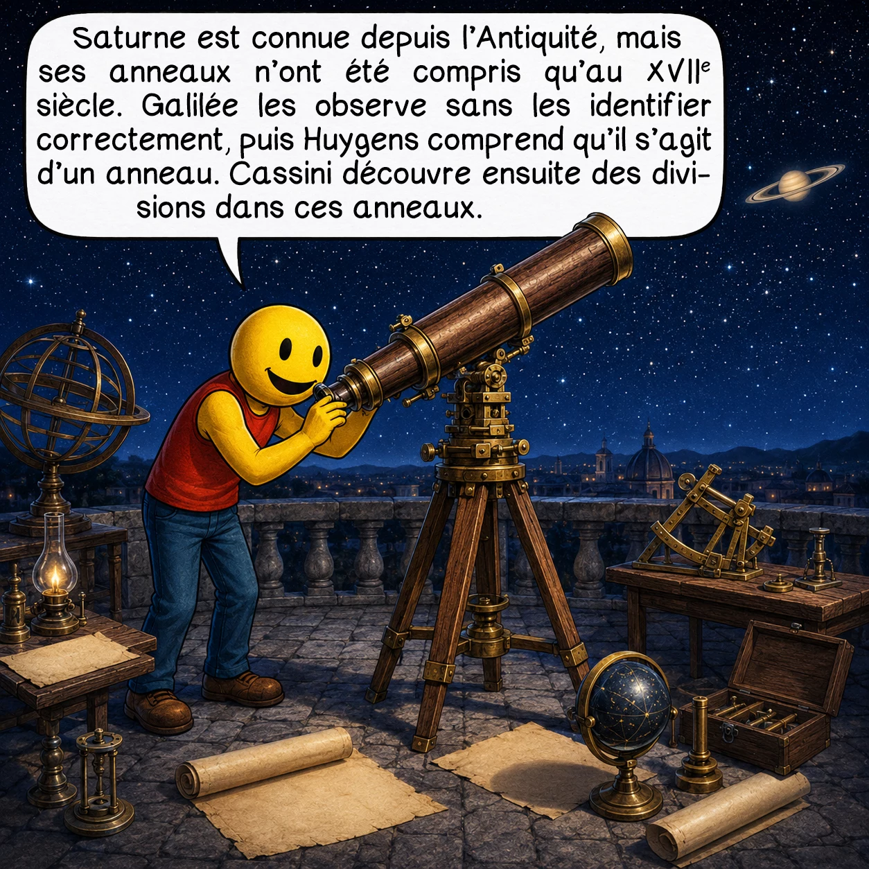Saturne, case 4 : Saturne est connue depuis l’Antiquité, mais ses anneaux n’ont été compris qu’au XVIIe siècle. Galilée les observe sans les identifier correctement, puis Huygens comprend qu’il s’agit d’un anneau. Cassini découvre ensuite des divisions dans ces anneaux.