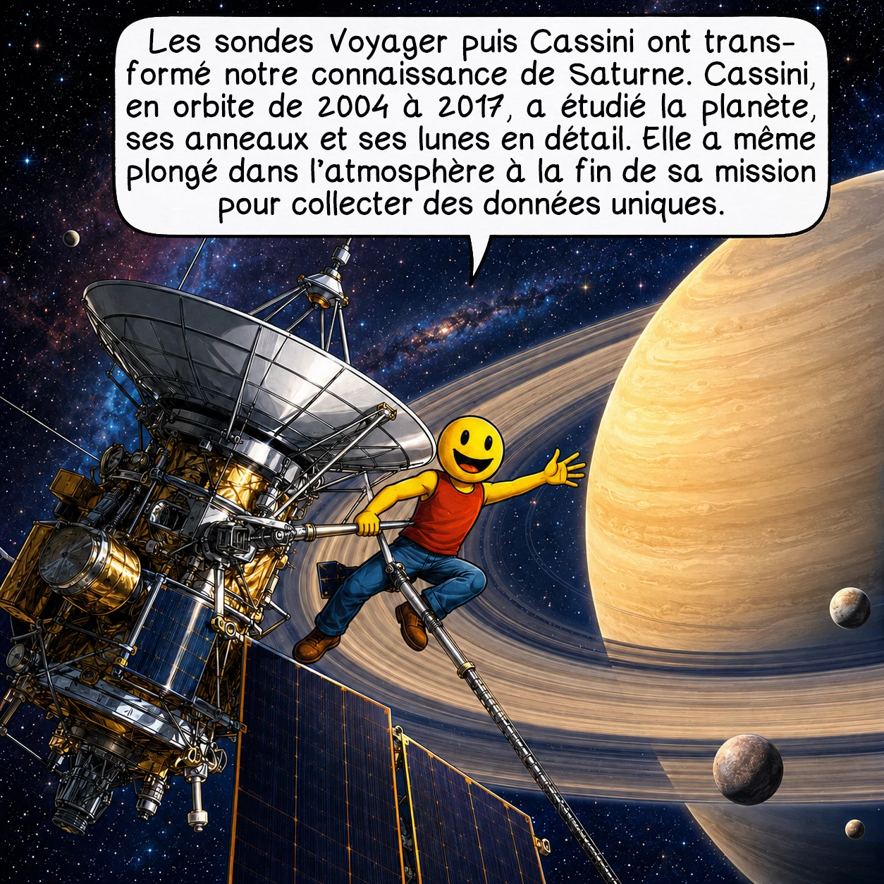 Saturne, case 5 : Les sondes Voyager puis Cassini ont transformé notre connaissance de Saturne. Cassini, en orbite de 2004 à 2017, a étudié la planète, ses anneaux et ses lunes en détail. Elle a même plongé dans l’atmosphère à la fin de sa mission pour collecter des données uniques.