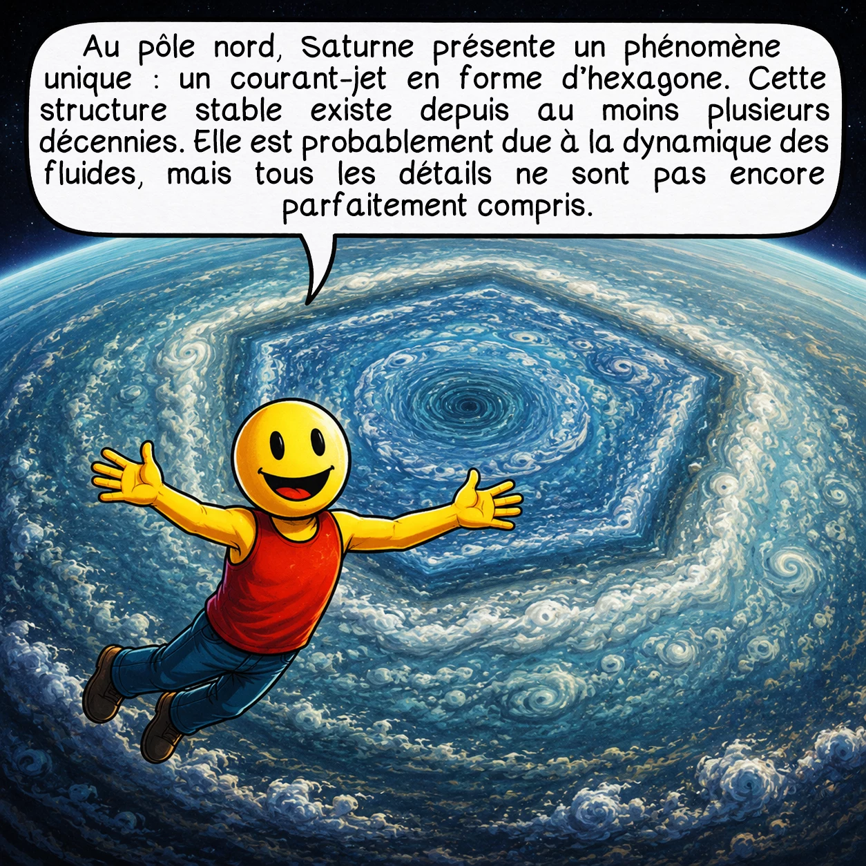 Saturne, case 6 : Au pôle nord, Saturne présente un phénomène unique : un courant-jet en forme d’hexagone. Cette structure stable existe depuis au moins plusieurs décennies. Elle est probablement due à la dynamique des fluides, mais tous les détails ne sont pas encore parfaitement compris.