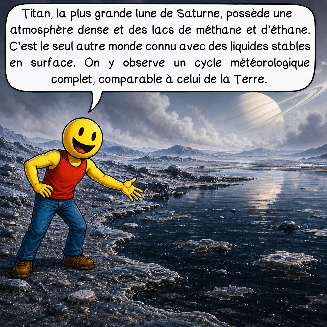 Saturne, case 7 : Titan, la plus grande lune de Saturne, possède une atmosphère dense et des lacs de méthane et d’éthane. C’est le seul autre monde connu avec des liquides stables en surface. On y observe un cycle météorologique complet, comparable à celui de la Terre.