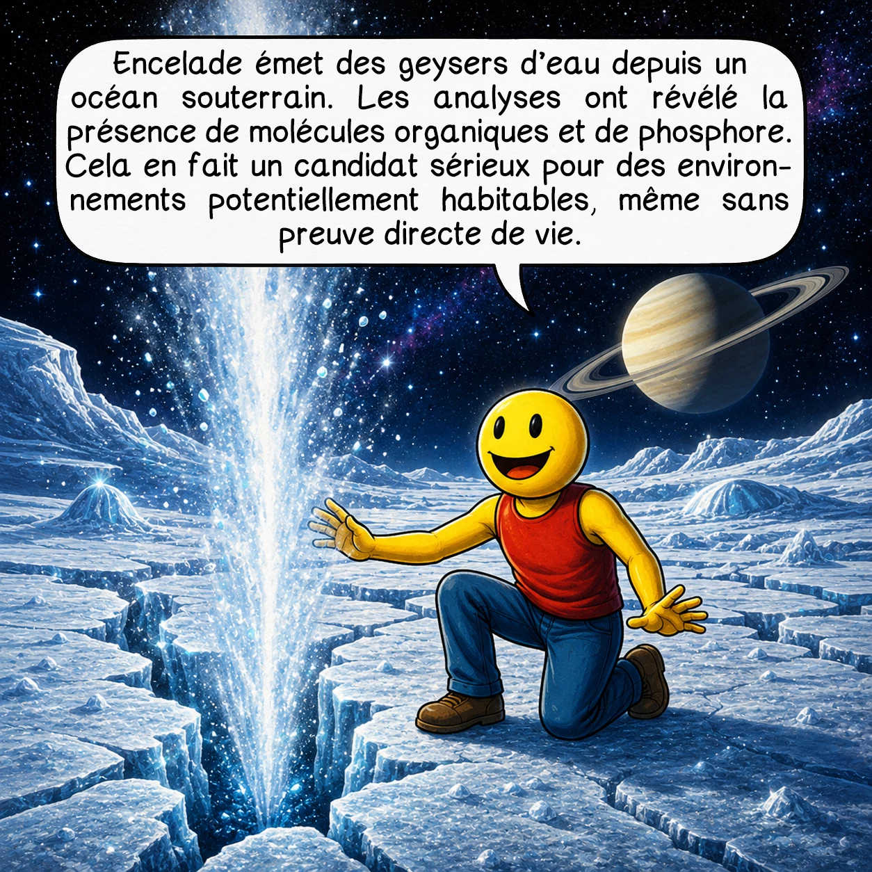 Saturne, case 8 : Encelade émet des geysers d’eau depuis un océan souterrain. Les analyses ont révélé la présence de molécules organiques et de phosphore. Cela en fait un candidat sérieux pour des environnements potentiellement habitables, même sans preuve directe de vie.