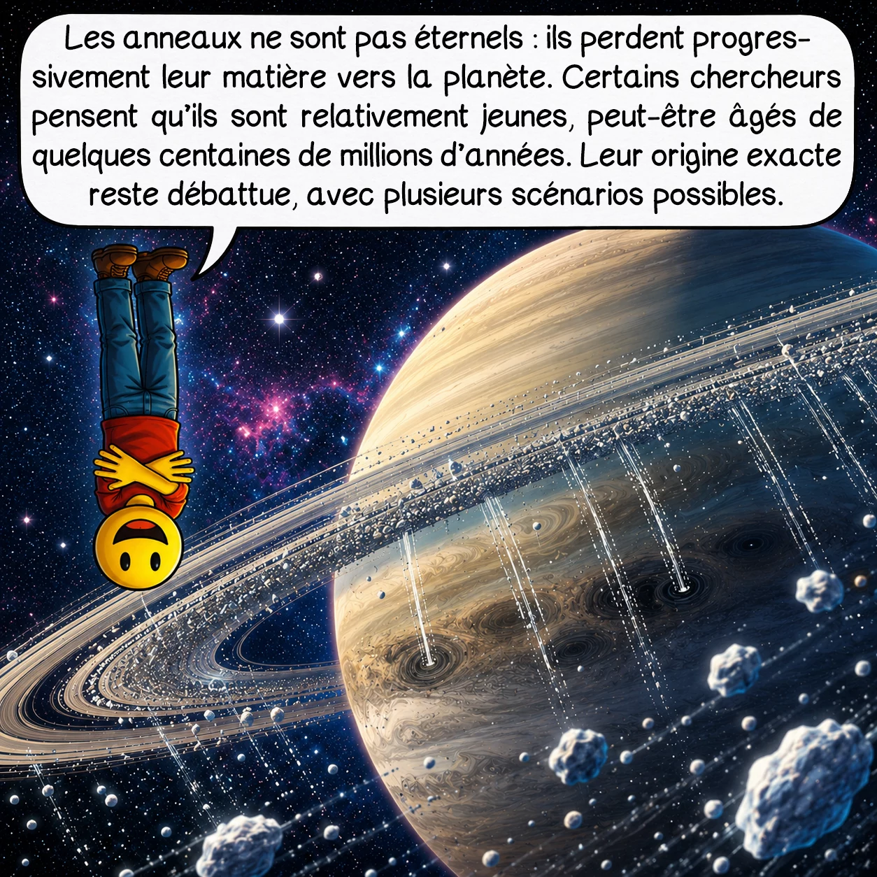 Saturne, case 9 : Les anneaux ne sont pas éternels : ils perdent progressivement leur matière vers la planète. Certains chercheurs pensent qu’ils sont relativement jeunes, peut-être âgés de quelques centaines de millions d’années. Leur origine exacte reste débattue, avec plusieurs scénarios possibles.