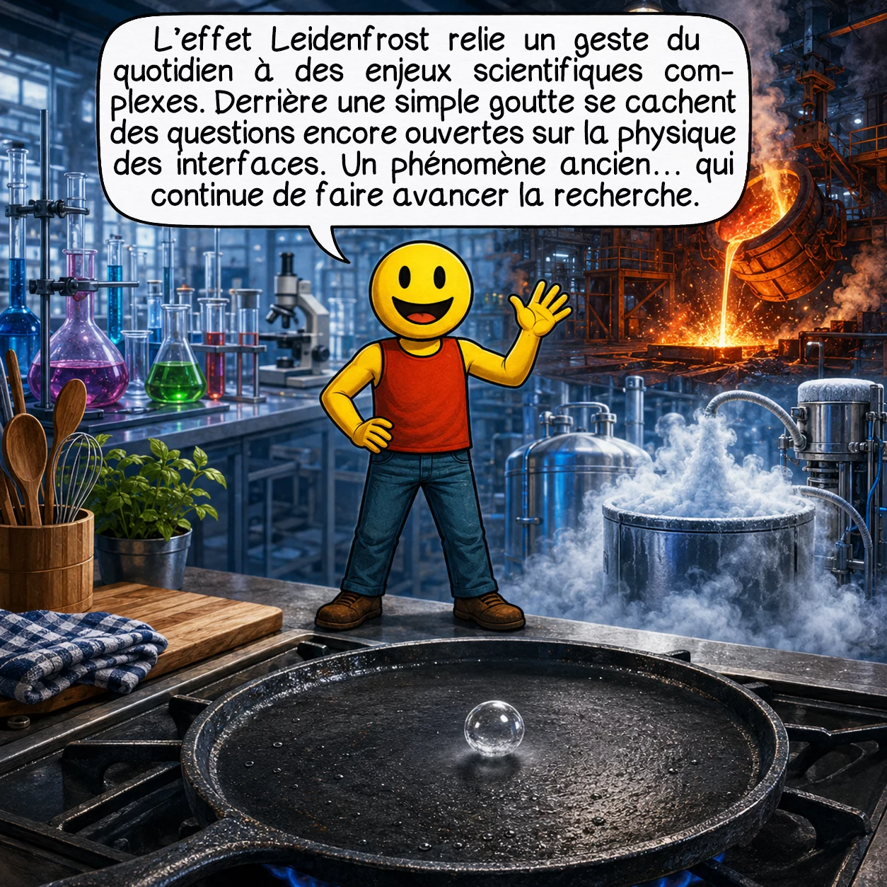 L'effet Leidenfrost, case 10 : L’effet Leidenfrost relie un geste du quotidien à des enjeux scientifiques complexes. Derrière une simple goutte se cachent des questions encore ouvertes sur la physique des interfaces. Un phénomène ancien… qui continue de faire avancer la recherche.