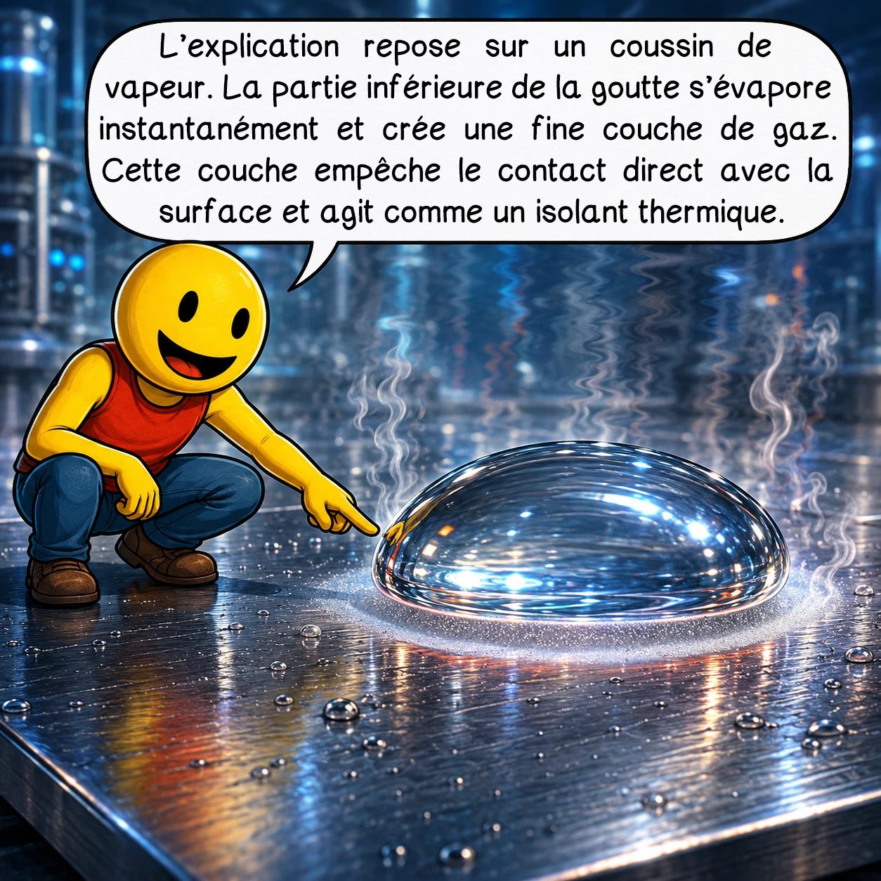 L'effet Leidenfrost, case 2 : L’explication repose sur un coussin de vapeur. La partie inférieure de la goutte s’évapore instantanément et crée une fine couche de gaz. Cette couche empêche le contact direct avec la surface et agit comme un isolant thermique.