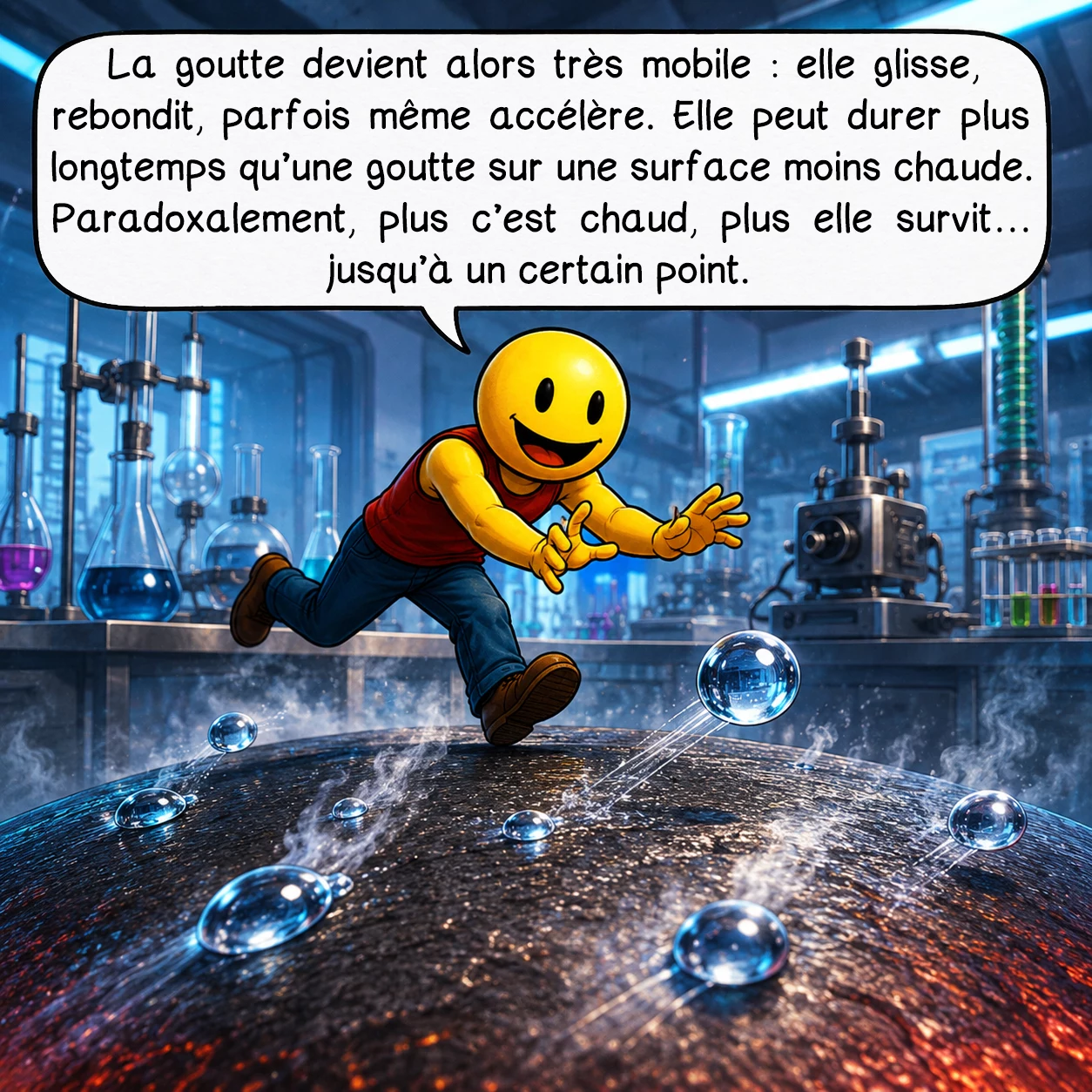 L'effet Leidenfrost, case 3 : La goutte devient alors très mobile : elle glisse, rebondit, parfois même accélère. Elle peut durer plus longtemps qu’une goutte sur une surface moins chaude. Paradoxalement, plus c’est chaud, plus elle survit… jusqu’à un certain point.