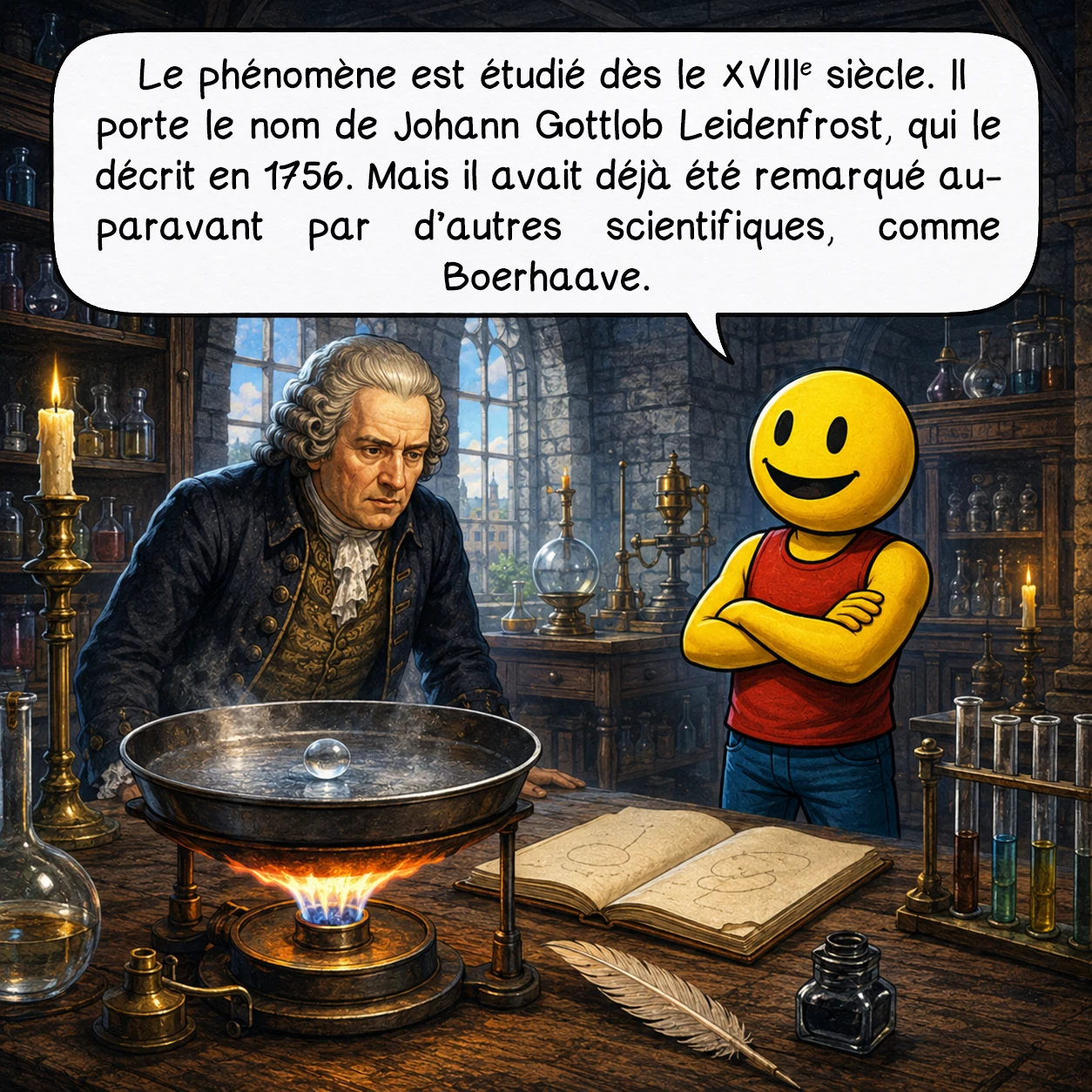 L'effet Leidenfrost, case 4 : Le phénomène est étudié dès le XVIIIe siècle. Il porte le nom de Johann Gottlob Leidenfrost, qui le décrit en 1756. Mais il avait déjà été remarqué auparavant par d’autres scientifiques, comme Boerhaave.