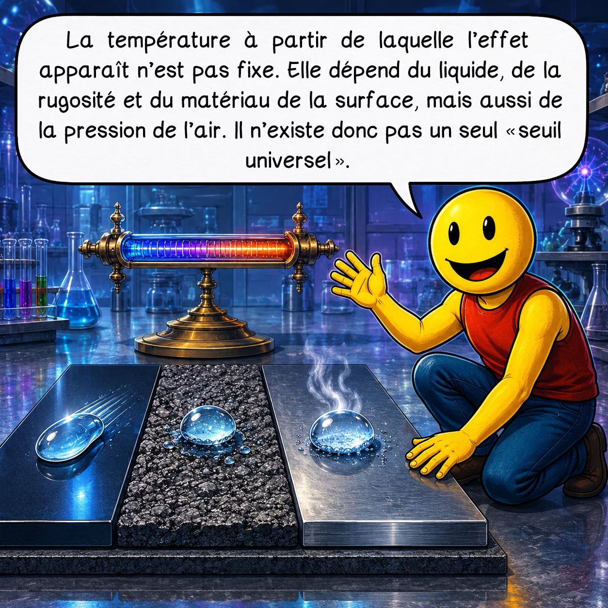 L'effet Leidenfrost, case 5 : La température à partir de laquelle l’effet apparaît n’est pas fixe. Elle dépend du liquide, de la rugosité et du matériau de la surface, mais aussi de la pression de l’air. Il n’existe donc pas un seul « seuil universel ».