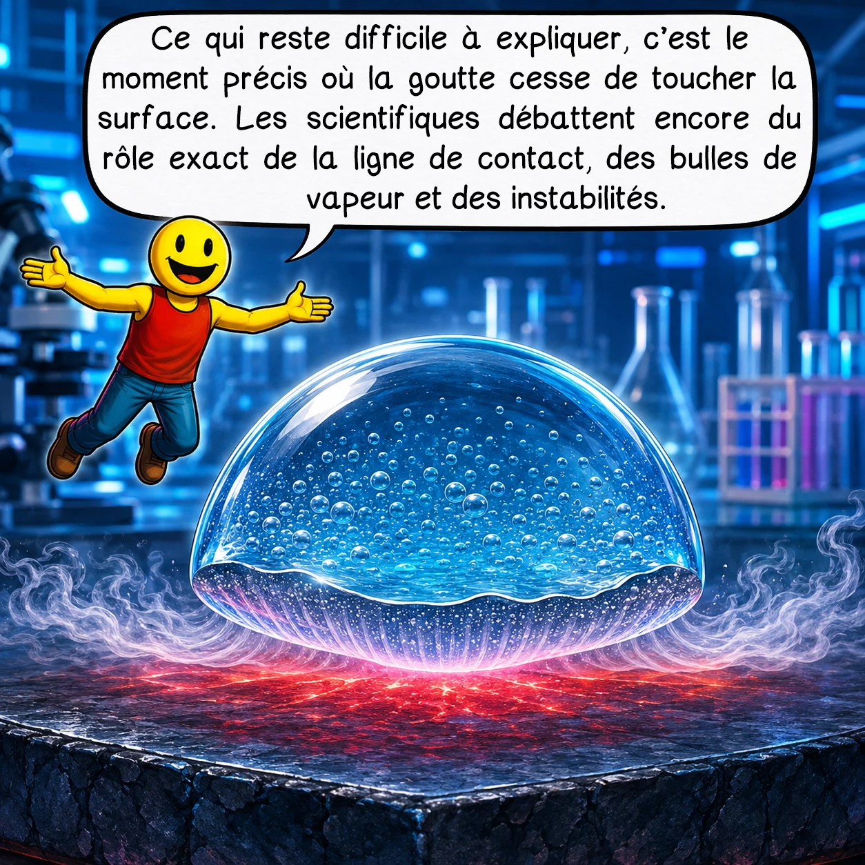L'effet Leidenfrost, case 6 : Ce qui reste difficile à expliquer, c’est le moment précis où la goutte cesse de toucher la surface. Les scientifiques débattent encore du rôle exact de la ligne de contact, des bulles de vapeur et des instabilités.