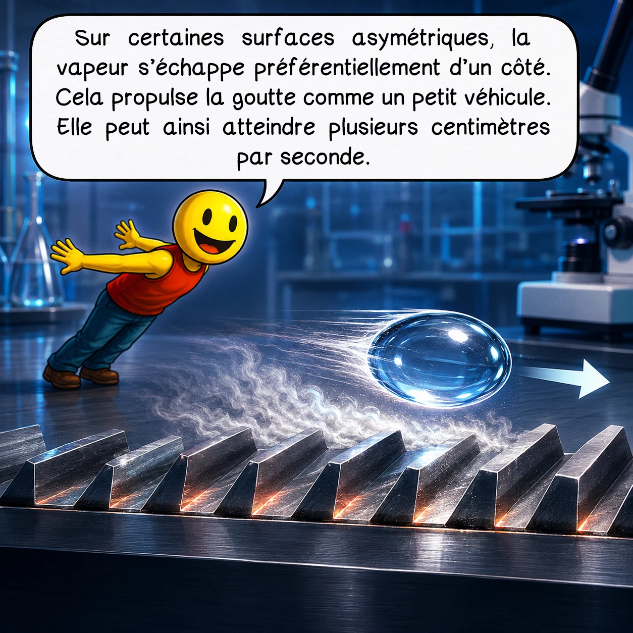 L'effet Leidenfrost, case 7 : Sur certaines surfaces asymétriques, la vapeur s’échappe préférentiellement d’un côté. Cela propulse la goutte comme un petit véhicule. Elle peut ainsi atteindre plusieurs centimètres par seconde.
