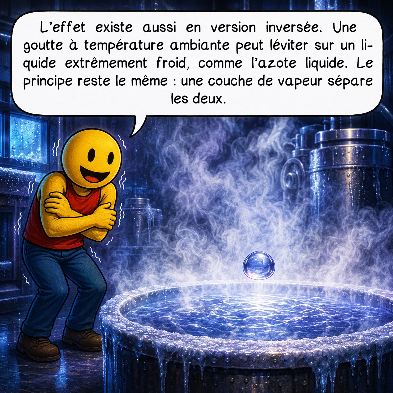 L'effet Leidenfrost, case 8 : L’effet existe aussi en version inversée. Une goutte à température ambiante peut léviter sur un liquide extrêmement froid, comme l’azote liquide. Le principe reste le même : une couche de vapeur sépare les deux.