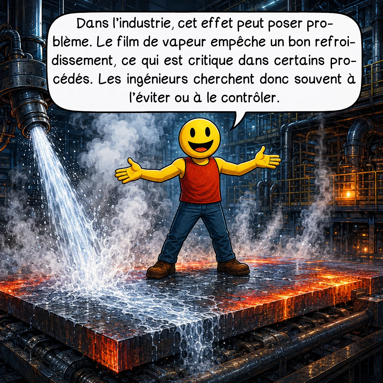 L'effet Leidenfrost, case 9 : Dans l’industrie, cet effet peut poser problème. Le film de vapeur empêche un bon refroidissement, ce qui est critique dans certains procédés. Les ingénieurs cherchent donc souvent à l’éviter ou à le contrôler.