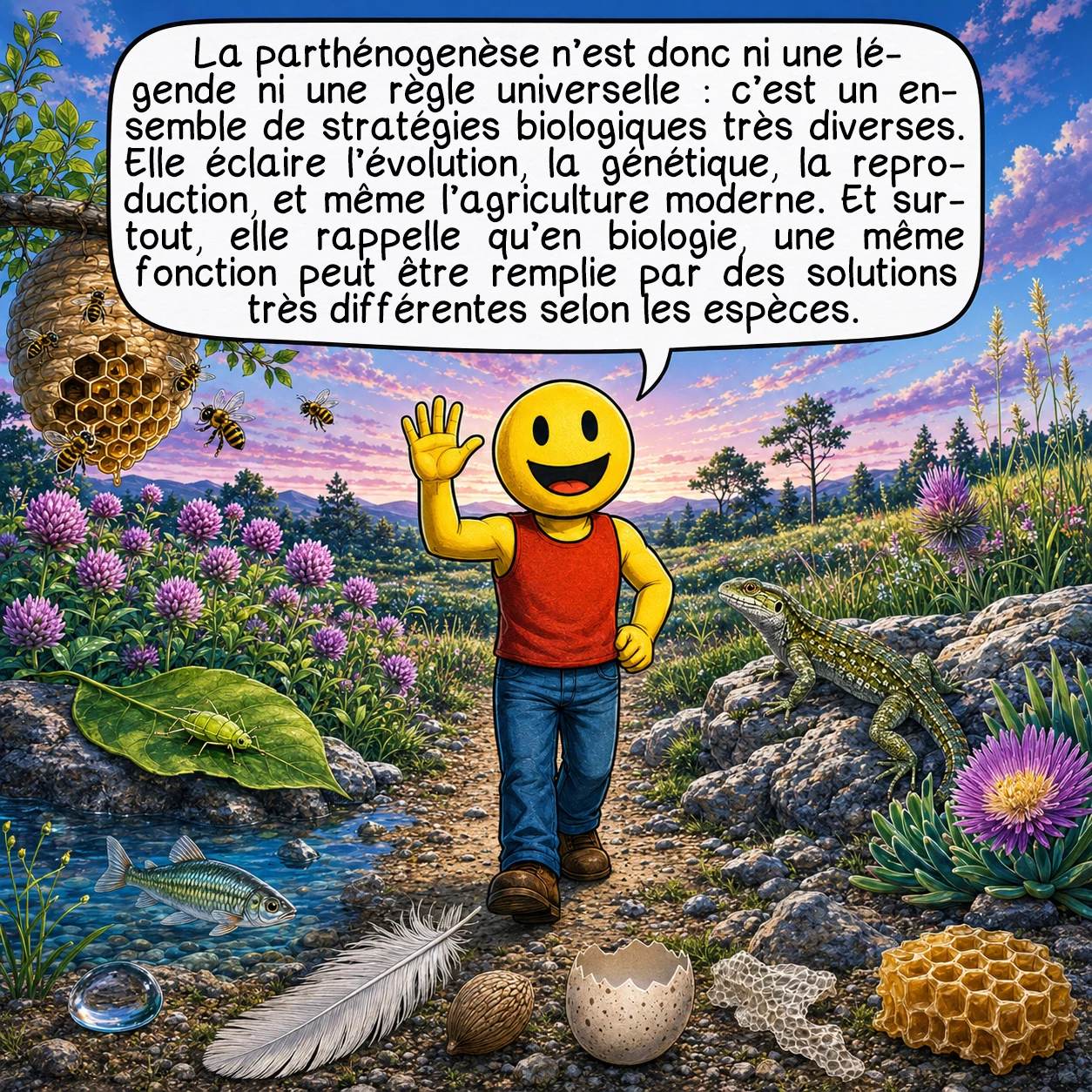 La parthénogenèse, case 10 : La parthénogenèse n’est donc ni une légende ni une règle universelle : c’est un ensemble de stratégies biologiques très diverses. Elle éclaire l’évolution, la génétique, la reproduction, et même l’agriculture moderne. Et surtout, elle rappelle qu’en biologie, une même fonction peut être remplie par des solutions très différentes selon les espèces.