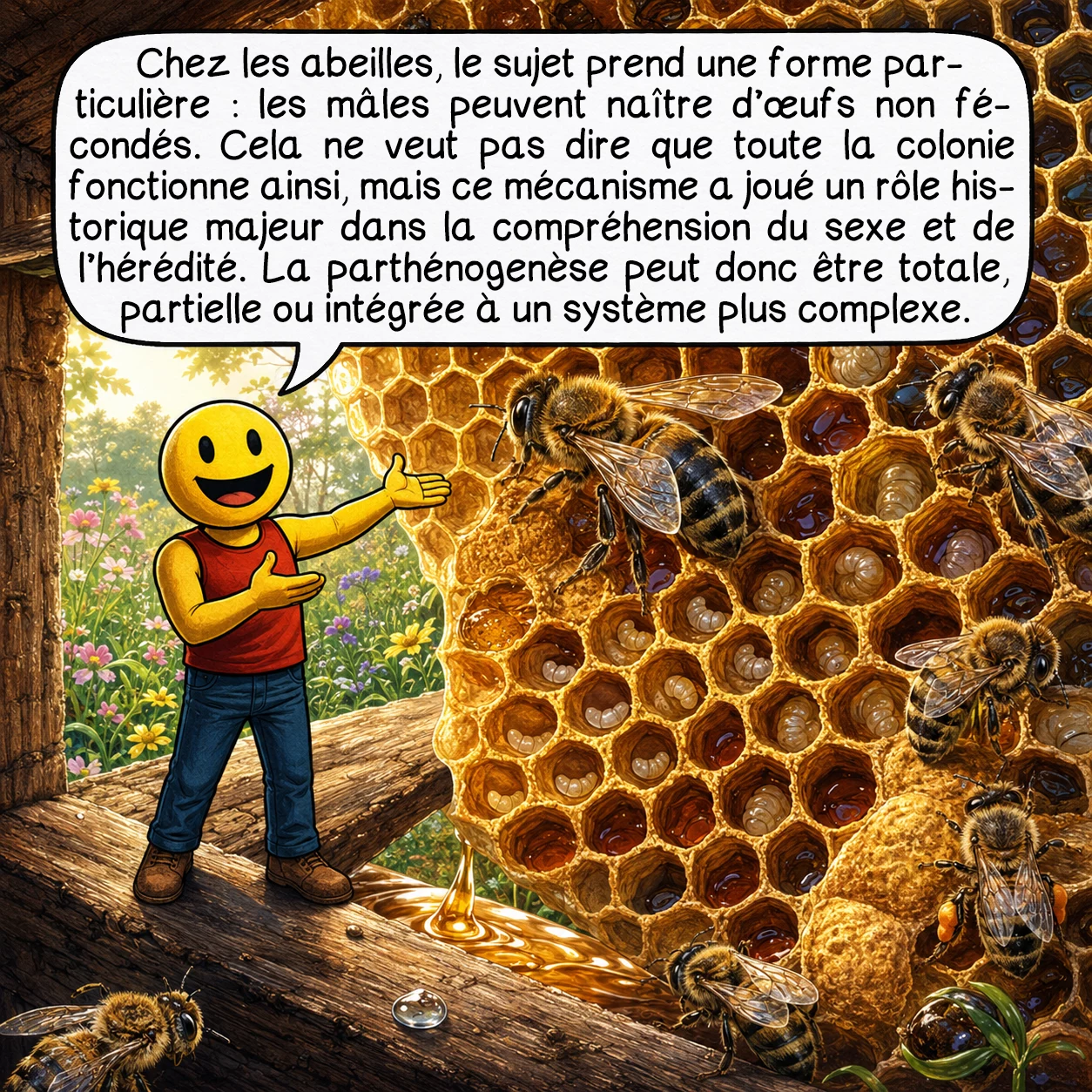 La parthénogenèse, case 3 : Chez les abeilles, le sujet prend une forme particulière : les mâles peuvent naître d’œufs non fécondés. Cela ne veut pas dire que toute la colonie fonctionne ainsi, mais ce mécanisme a joué un rôle historique majeur dans la compréhension du sexe et de l’hérédité. La parthénogenèse peut donc être totale, partielle ou intégrée à un système plus complexe.