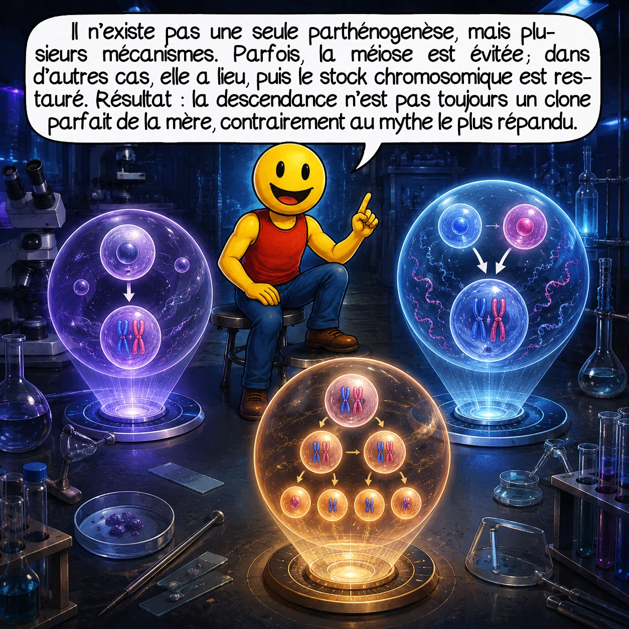 La parthénogenèse, case 4 : Il n’existe pas une seule parthénogenèse, mais plusieurs mécanismes. Parfois, la méiose est évitée ; dans d’autres cas, elle a lieu, puis le stock chromosomique est restauré. Résultat : la descendance n’est pas toujours un clone parfait de la mère, contrairement au mythe le plus répandu.