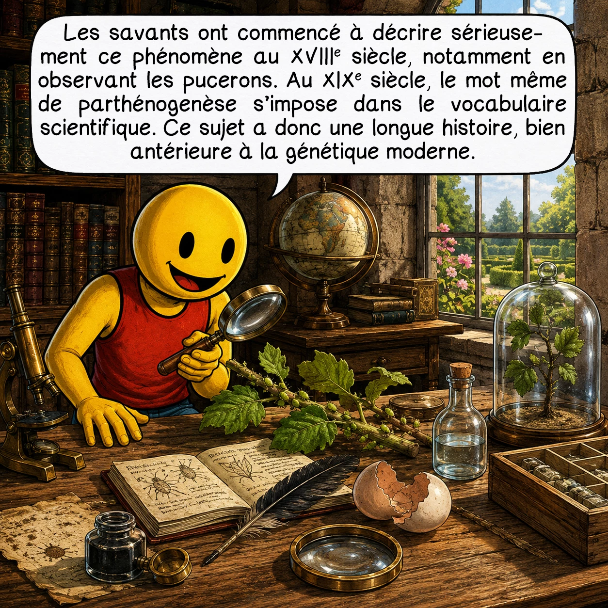 La parthénogenèse, case 5 : Les savants ont commencé à décrire sérieusement ce phénomène au XVIIIe siècle, notamment en observant les pucerons. Au XIXe siècle, le mot même de parthénogenèse s’impose dans le vocabulaire scientifique. Ce sujet a donc une longue histoire, bien antérieure à la génétique moderne.