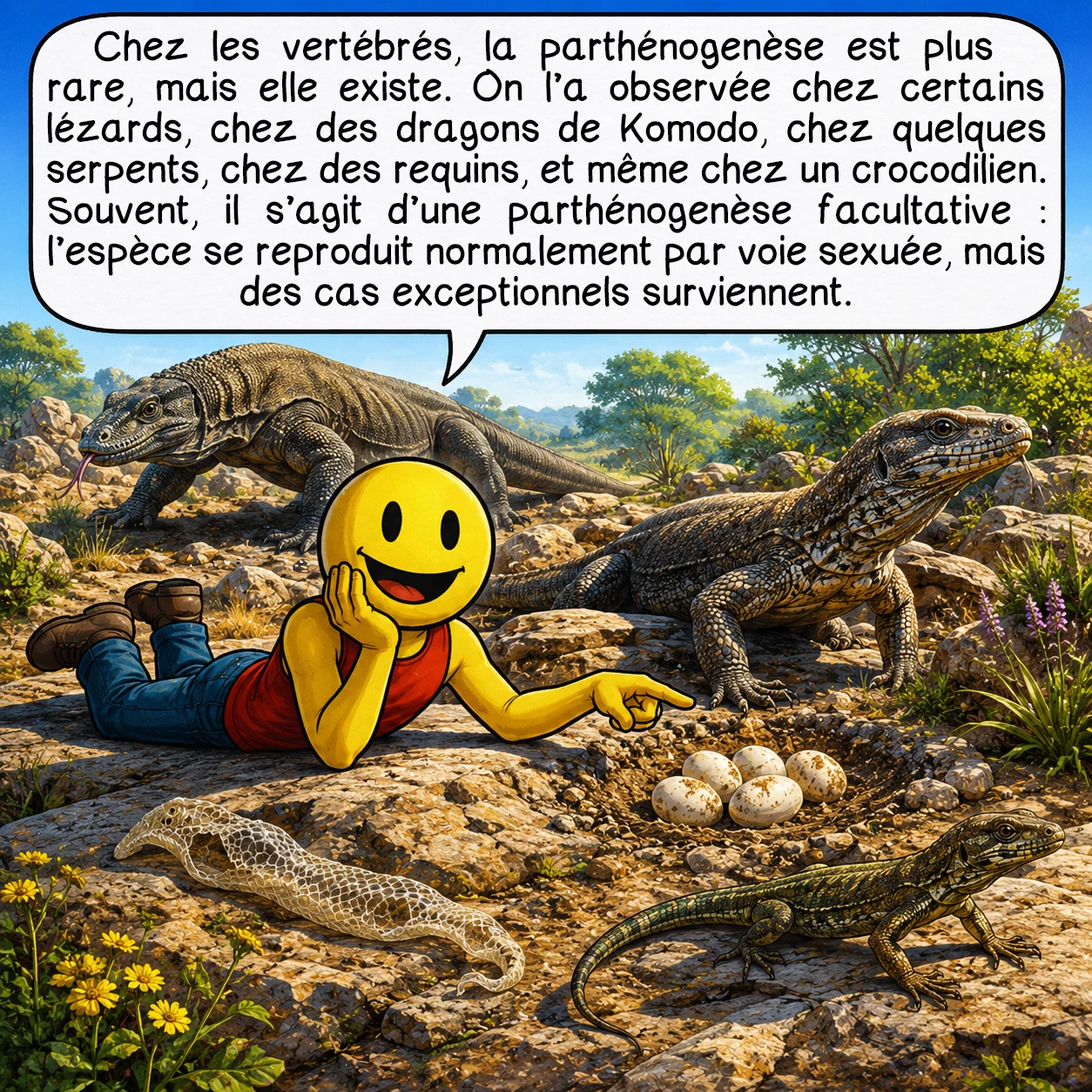 La parthénogenèse, case 6 : Chez les vertébrés, la parthénogenèse est plus rare, mais elle existe. On l’a observée chez certains lézards, chez des dragons de Komodo, chez quelques serpents, chez des requins, et même chez un crocodilien. Souvent, il s’agit d’une parthénogenèse facultative : l’espèce se reproduit normalement par voie sexuée, mais des cas exceptionnels surviennent.
