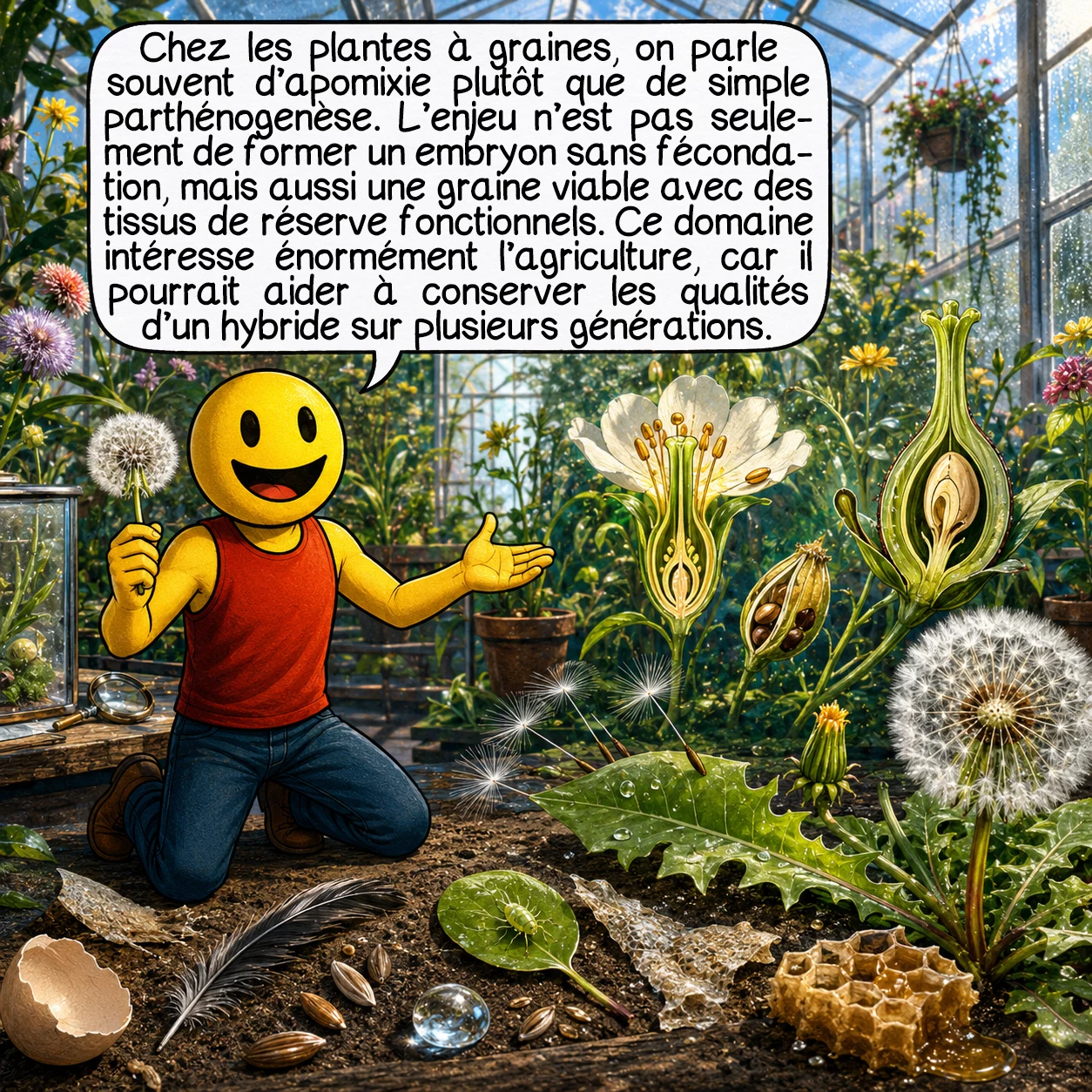 La parthénogenèse, case 7 : Chez les plantes à graines, on parle souvent d’apomixie plutôt que de simple parthénogenèse. L’enjeu n’est pas seulement de former un embryon sans fécondation, mais aussi une graine viable avec des tissus de réserve fonctionnels. Ce domaine intéresse énormément l’agriculture, car il pourrait aider à conserver les qualités d’un hybride sur plusieurs générations.