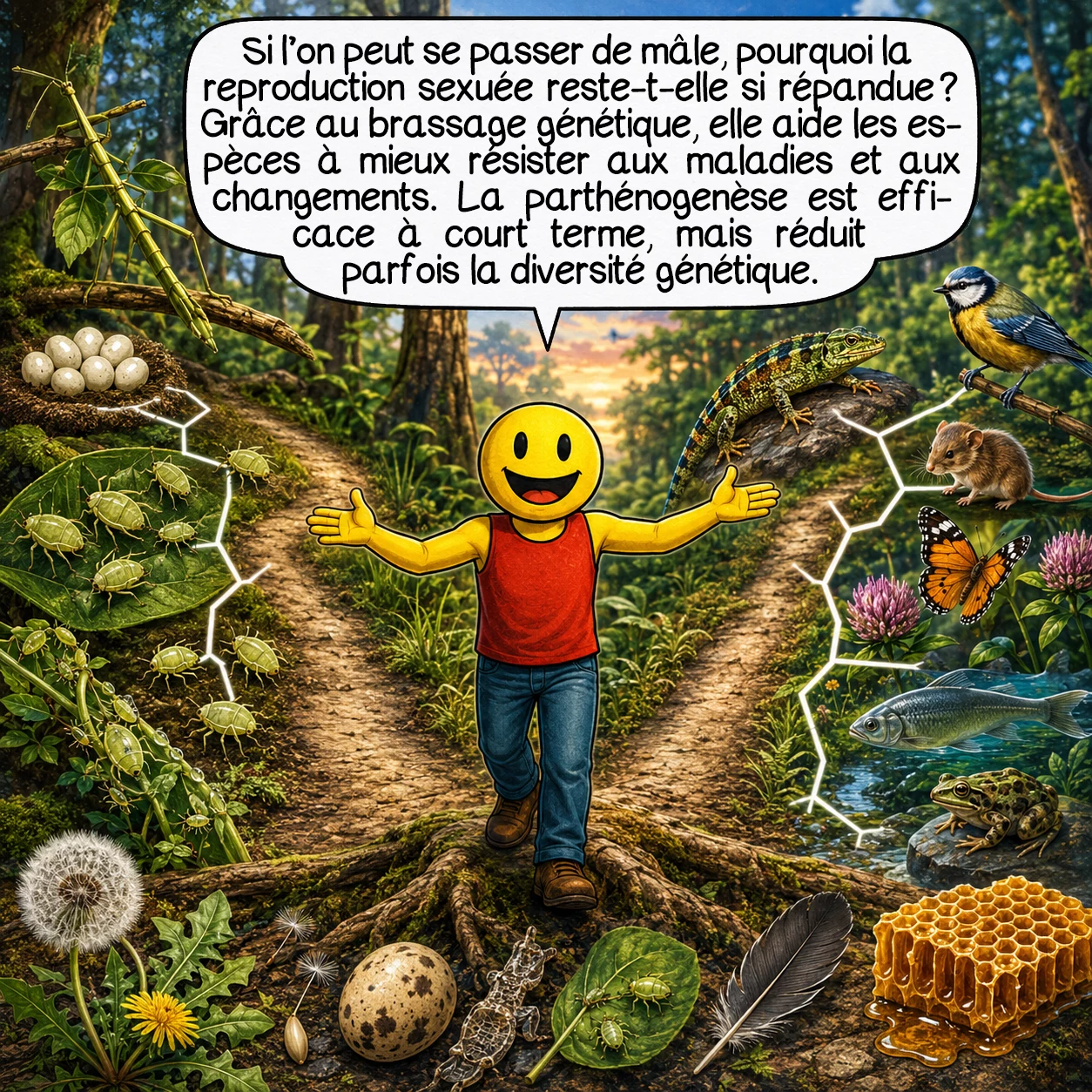 La parthénogenèse, case 8 : La grande question évolutive est simple à formuler : si l’on peut se passer de mâle, pourquoi la reproduction sexuée reste-t-elle si répandue ? La sexualité apporte du brassage génétique, utile face aux maladies, aux parasites et aux environnements changeants. La parthénogenèse peut être très efficace à court terme, mais elle peut aussi réduire la diversité génétique selon le mécanisme concerné.