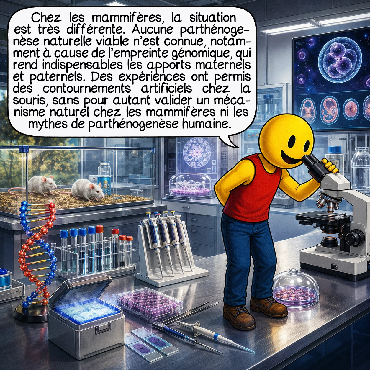 La parthénogenèse, case 9 : Chez les mammifères, la situation est très différente. Une vraie reproduction naturelle viable par parthénogenèse n’est pas connue, notamment à cause de l’empreinte génomique, qui rend non interchangeables les apports maternels et paternels. Des expériences ont permis des contournements artificiels chez la souris, mais cela ne valide ni un mécanisme naturel chez les mammifères ni les mythes populaires sur une parthénogenèse humaine.