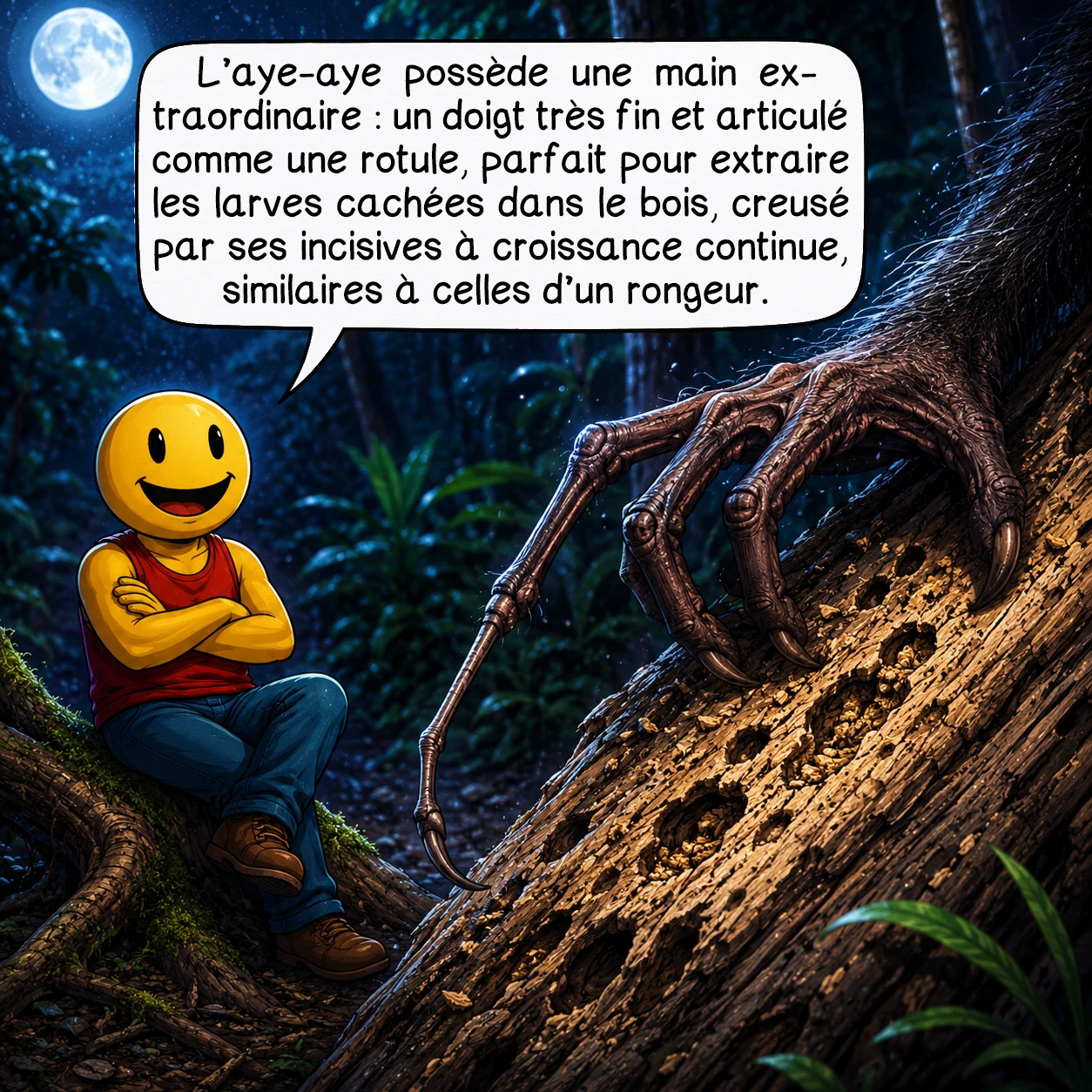 L’aye-aye, case 2 : L’aye-aye possède une main extraordinaire : un doigt très fin et articulé comme une rotule, parfait pour extraire les larves cachées dans le bois, creusé par ses incisives à croissance continue, similaires à celles d’un rongeur.