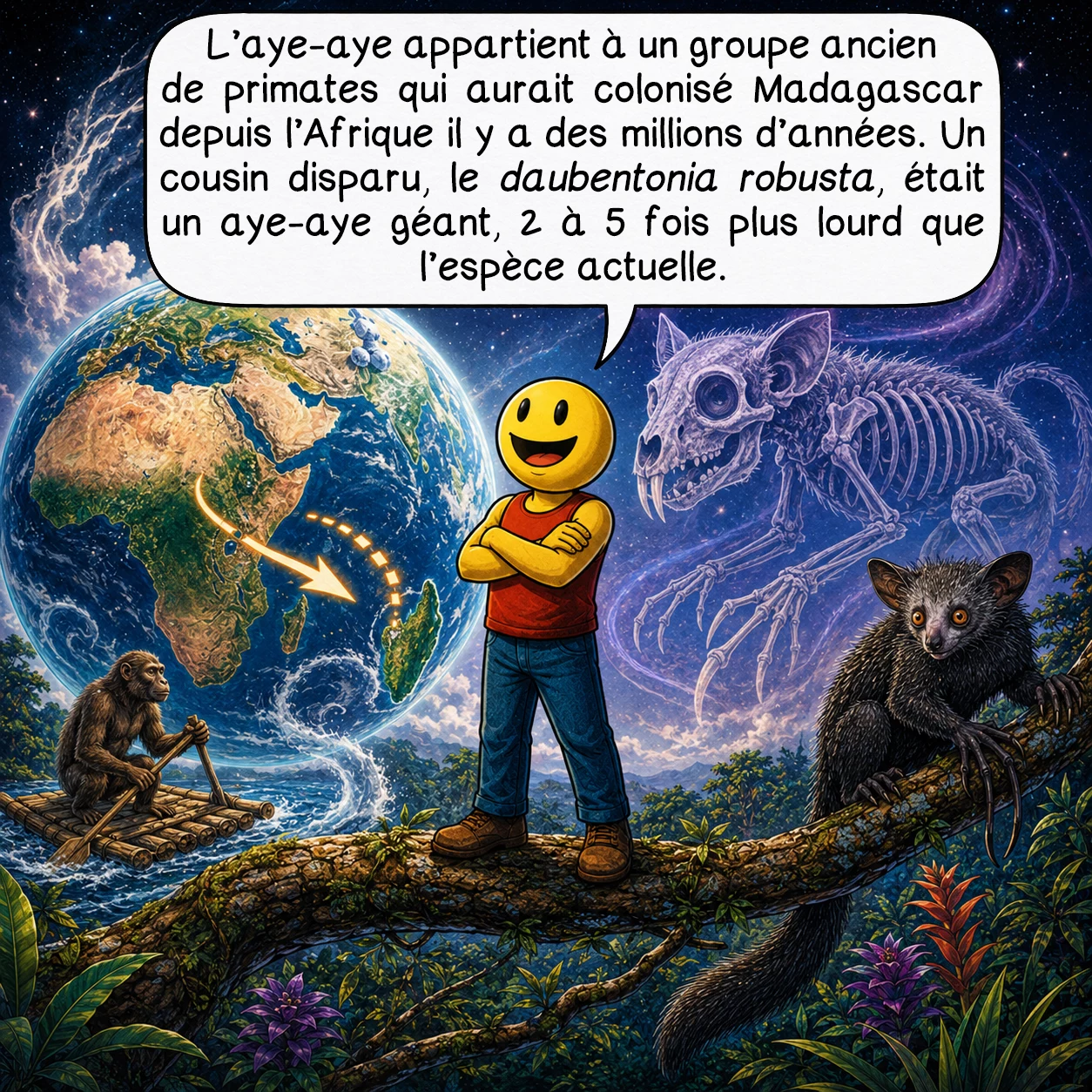 L’aye-aye, case 4 : L’aye-aye appartient à un groupe ancien de primates qui aurait colonisé Madagascar depuis l’Afrique il y a des millions d’années. Un cousin disparu, le Daubentonia robusta, était un aye-aye géant, 2 à 5 fois plus lourd que l’espèce actuelle.